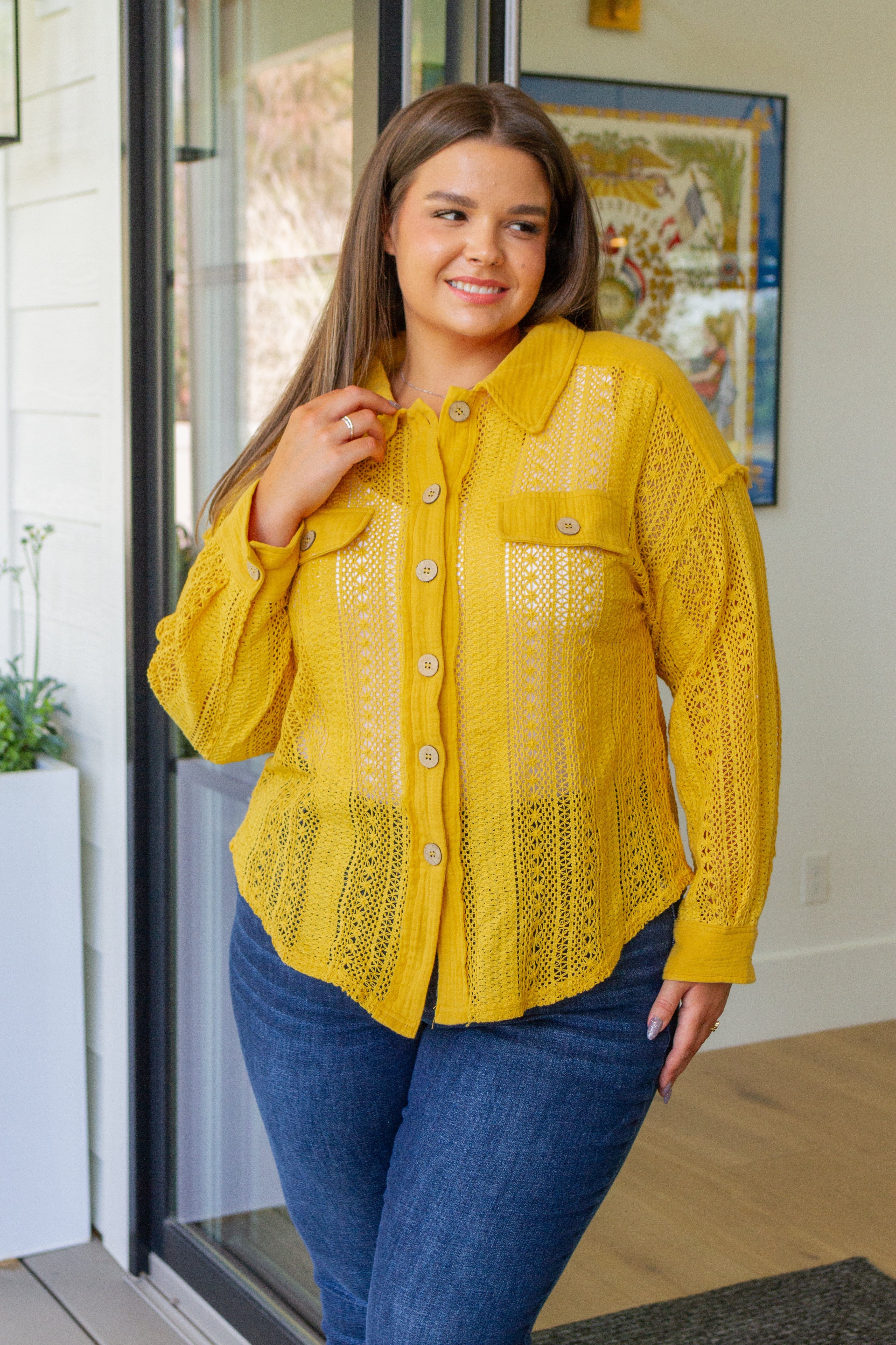 Sweeter Than Nectar Lace Button Down in Honey-Tops-Stay Foxy Boutique, Florissant, Missouri