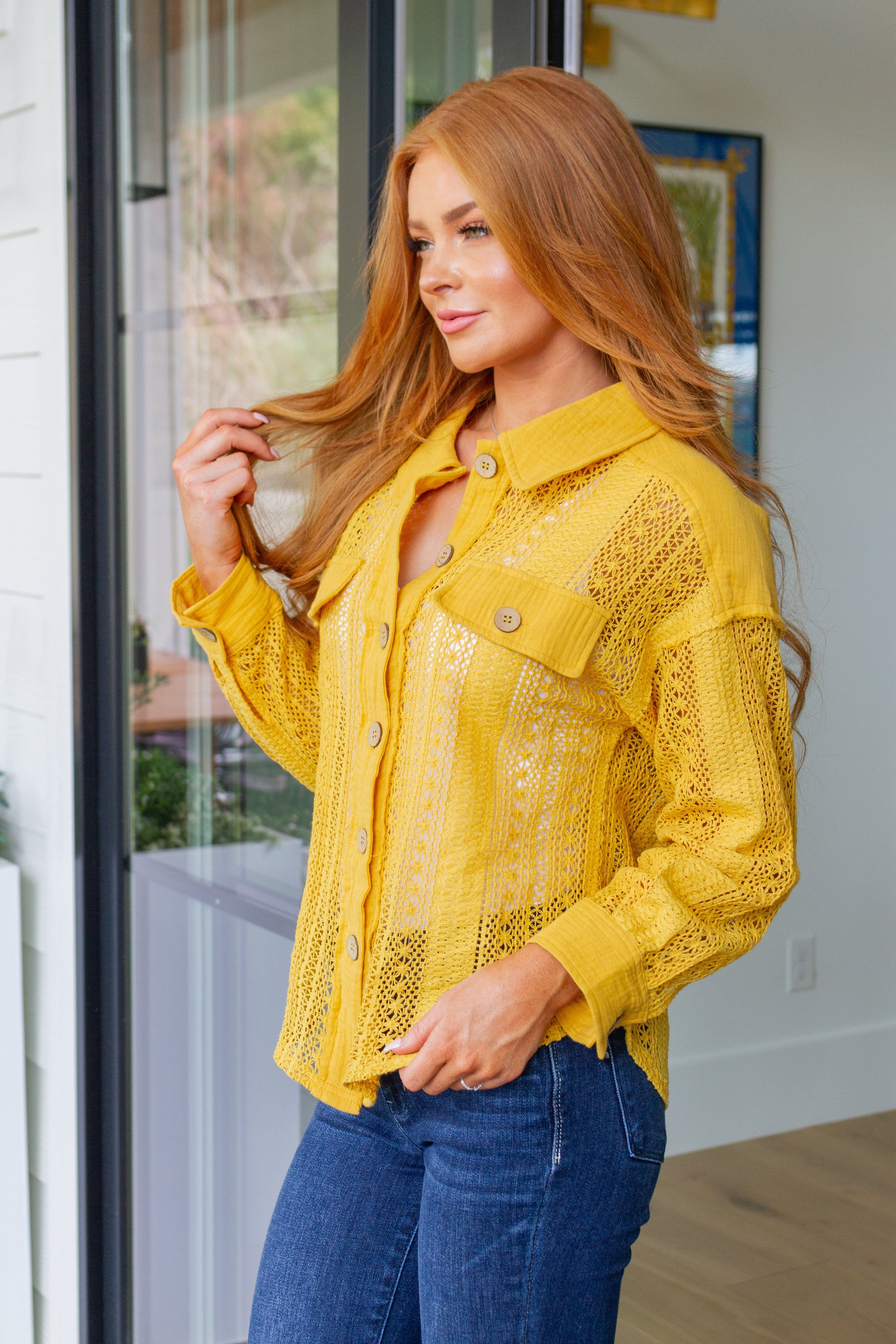 Sweeter Than Nectar Lace Button Down in Honey-Tops-Stay Foxy Boutique, Florissant, Missouri