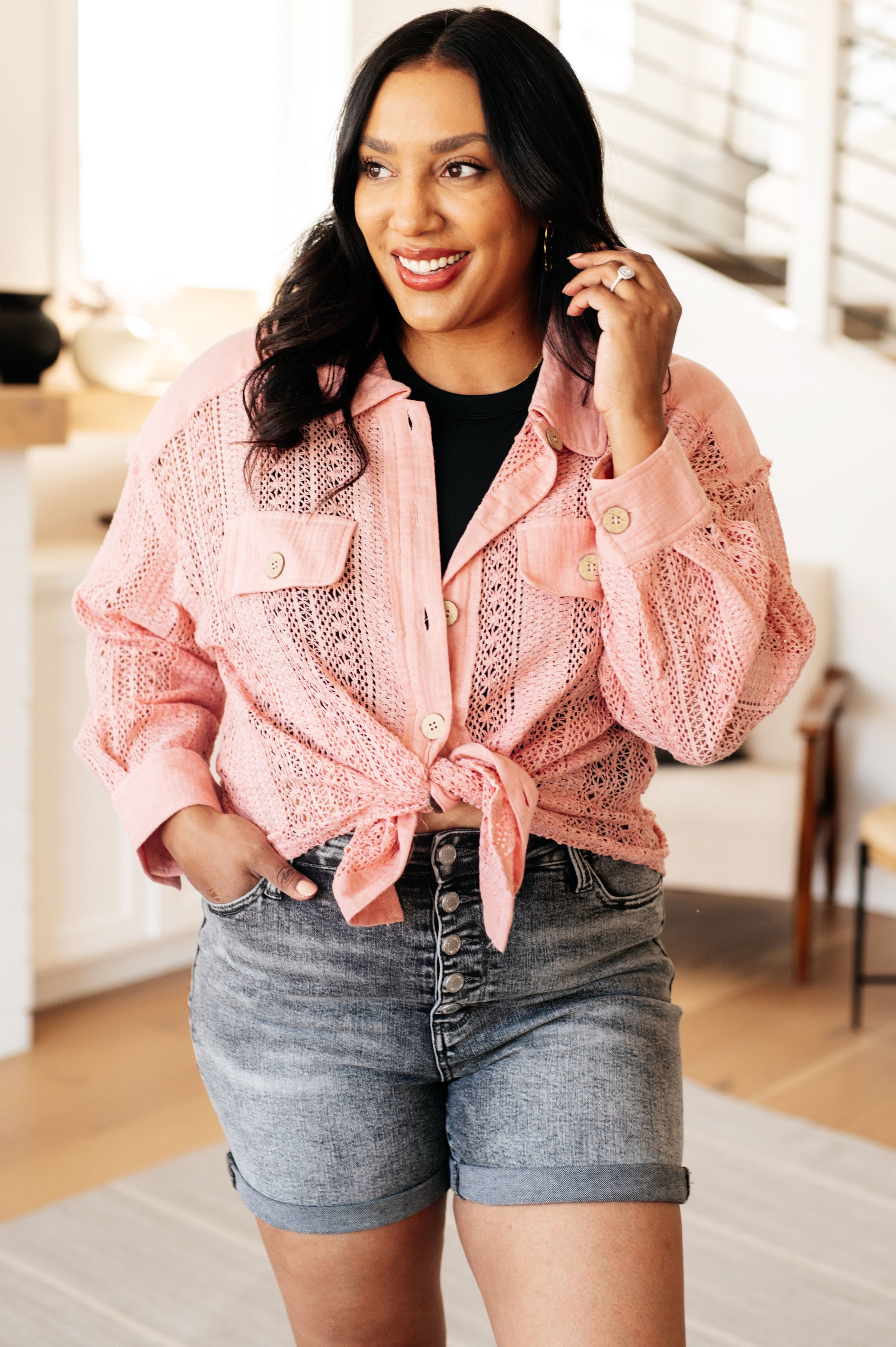 Sweeter Than Nectar Lace Button Down in Rose-Tops-Stay Foxy Boutique, Florissant, Missouri