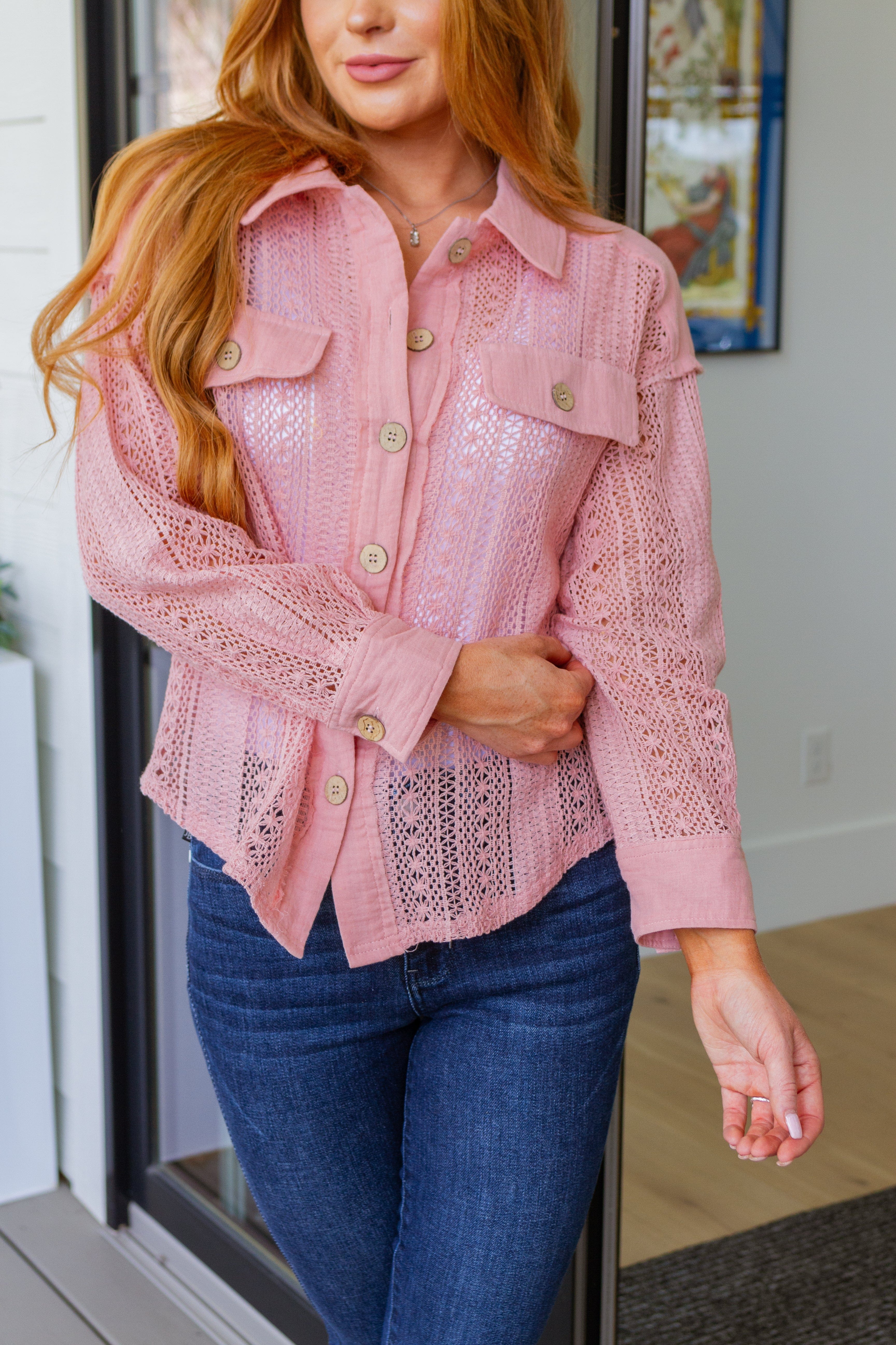 Sweeter Than Nectar Lace Button Down in Rose-Tops-Stay Foxy Boutique, Florissant, Missouri