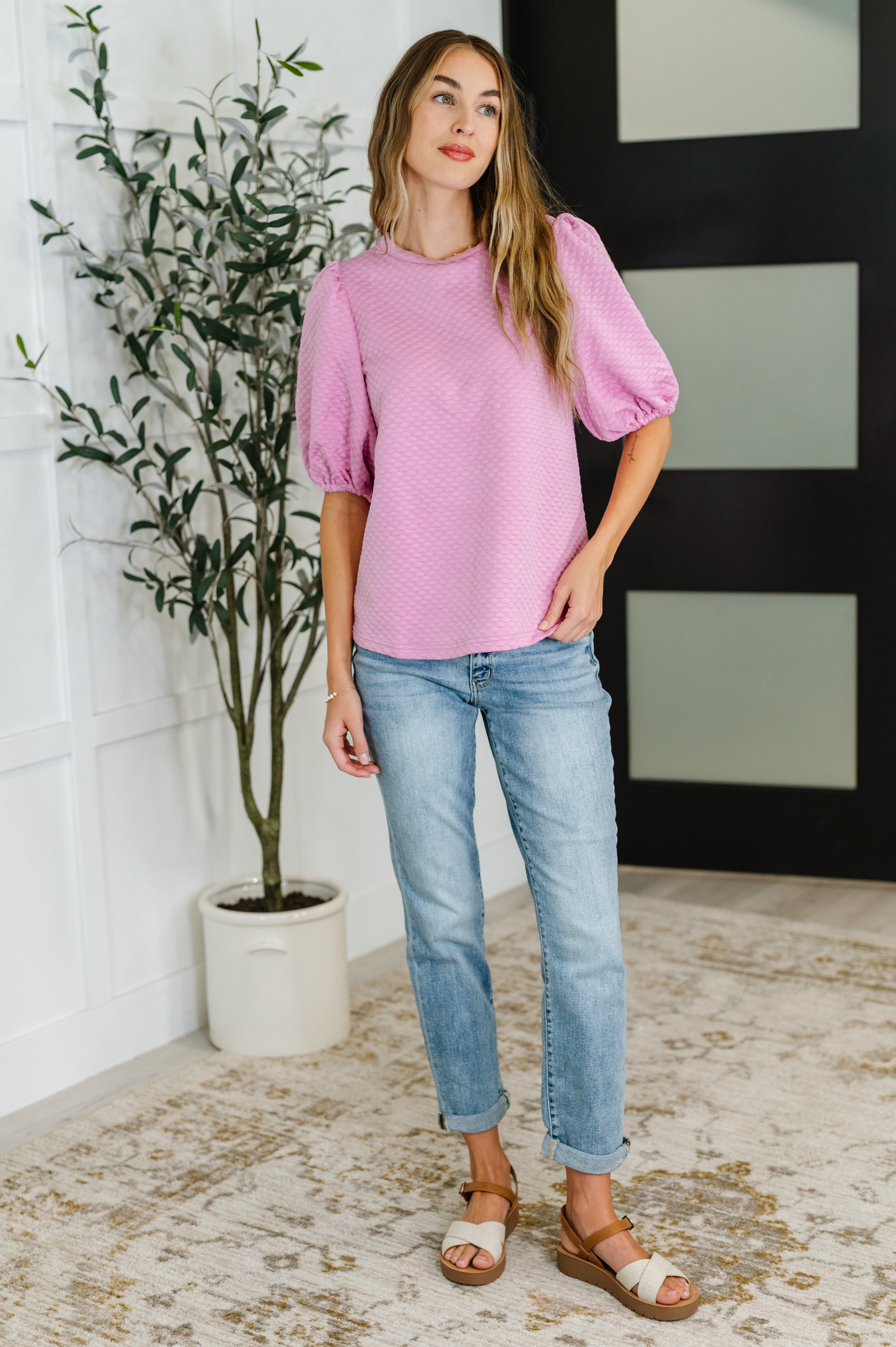 Textured Balloon Sleeve Blouse in Pink-Womens-Stay Foxy Boutique, Florissant, Missouri