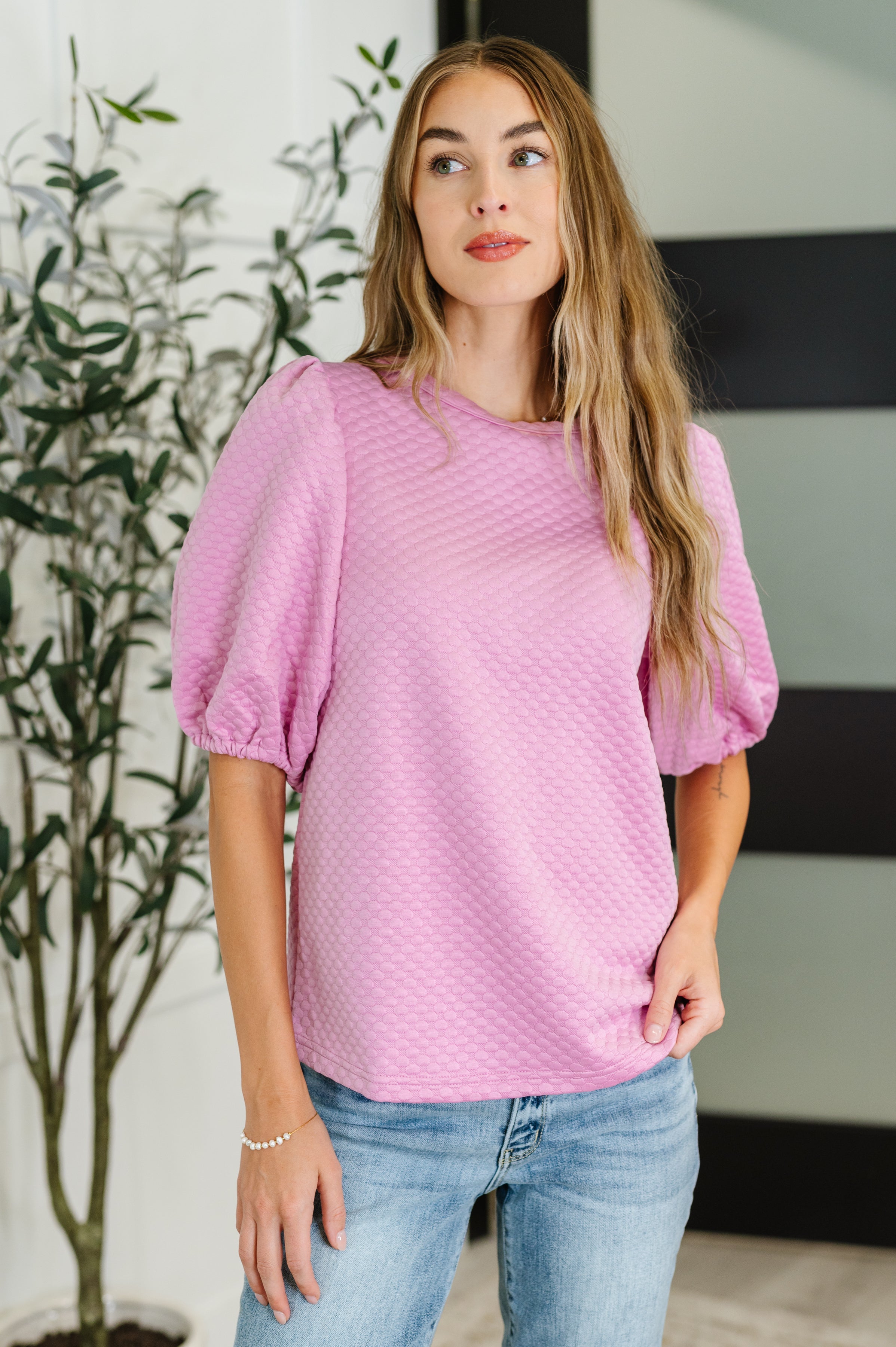 Textured Balloon Sleeve Blouse in Pink-Womens-Stay Foxy Boutique, Florissant, Missouri
