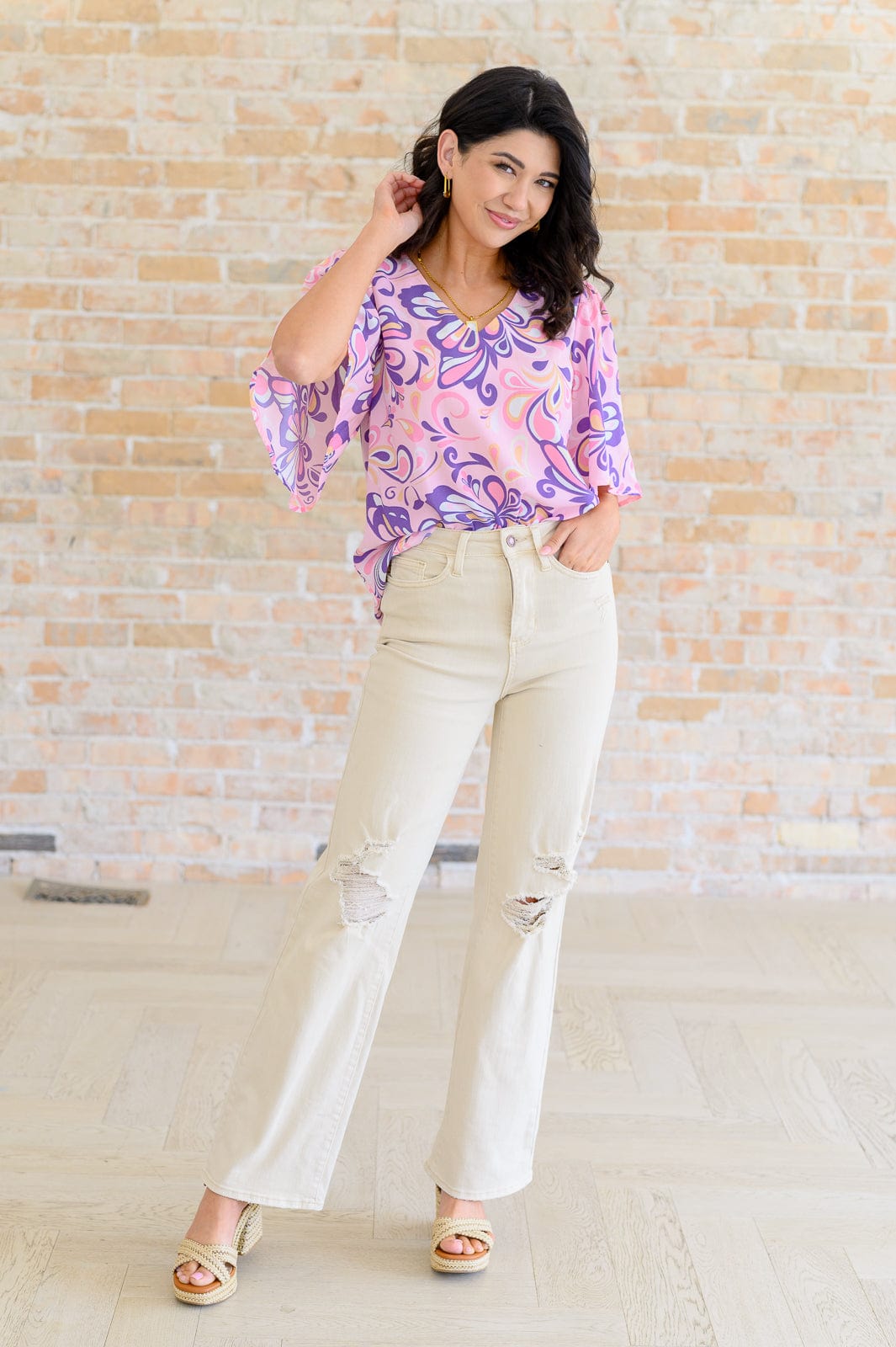 The Tropics V-Neck Top in Blush Multi-Tops-Stay Foxy Boutique, Florissant, Missouri