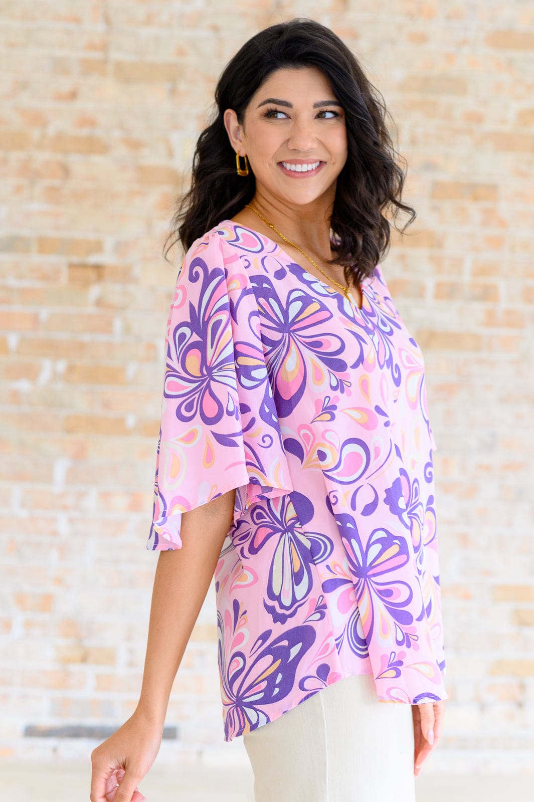 The Tropics V-Neck Top in Blush Multi-Tops-Stay Foxy Boutique, Florissant, Missouri