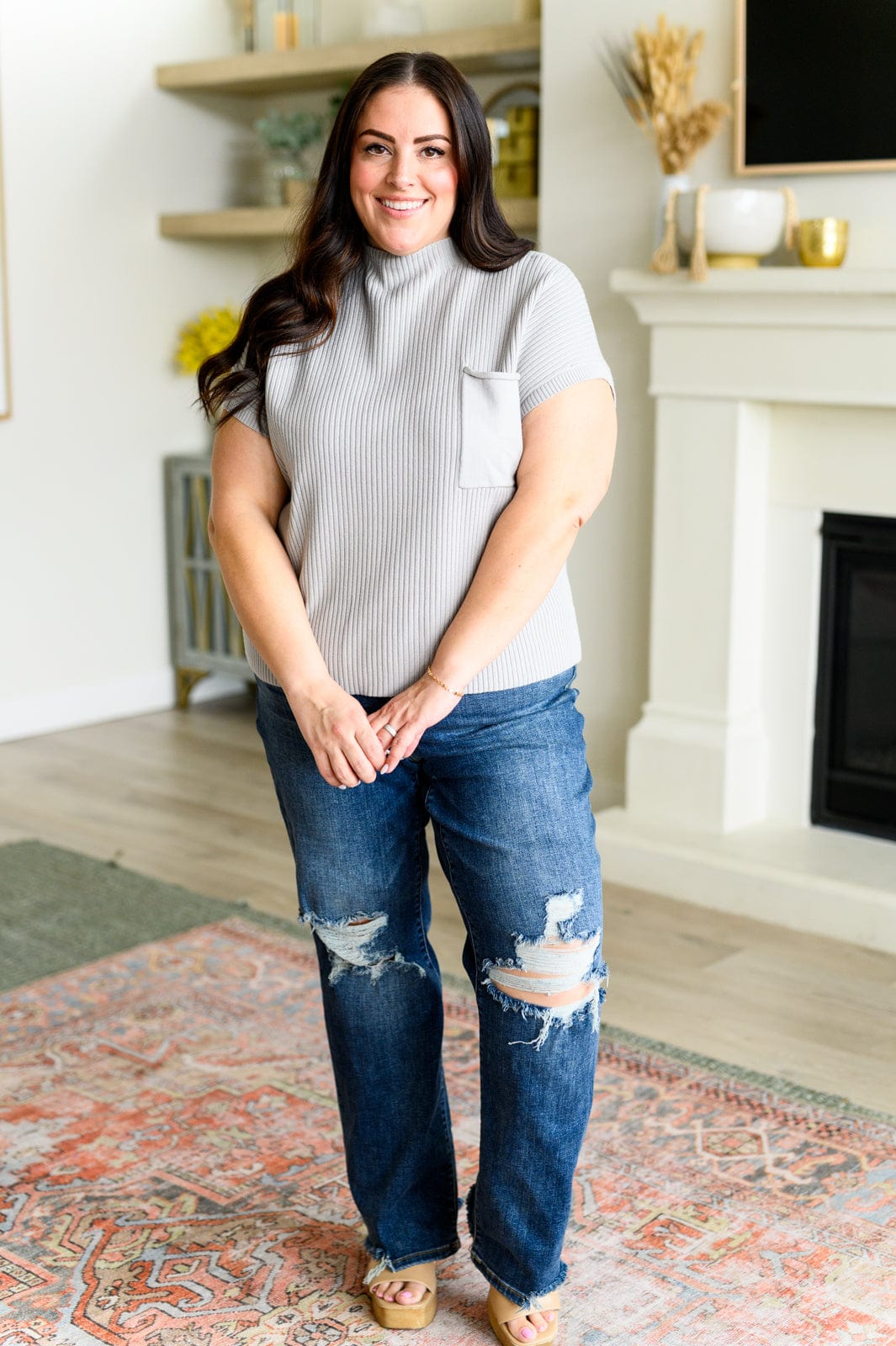 This Little Life Mock Neck Short Sleeve Sweater in Grey-Tops-Stay Foxy Boutique, Florissant, Missouri