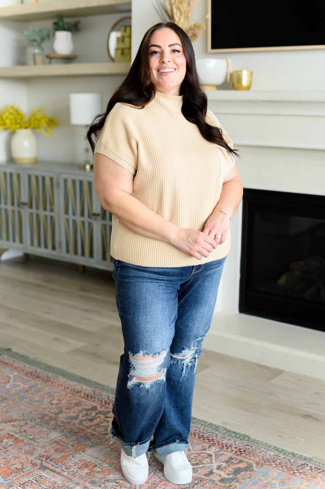 This Little Life Mock Neck Short Sleeve Sweater in Oatmeal-Tops-Stay Foxy Boutique, Florissant, Missouri