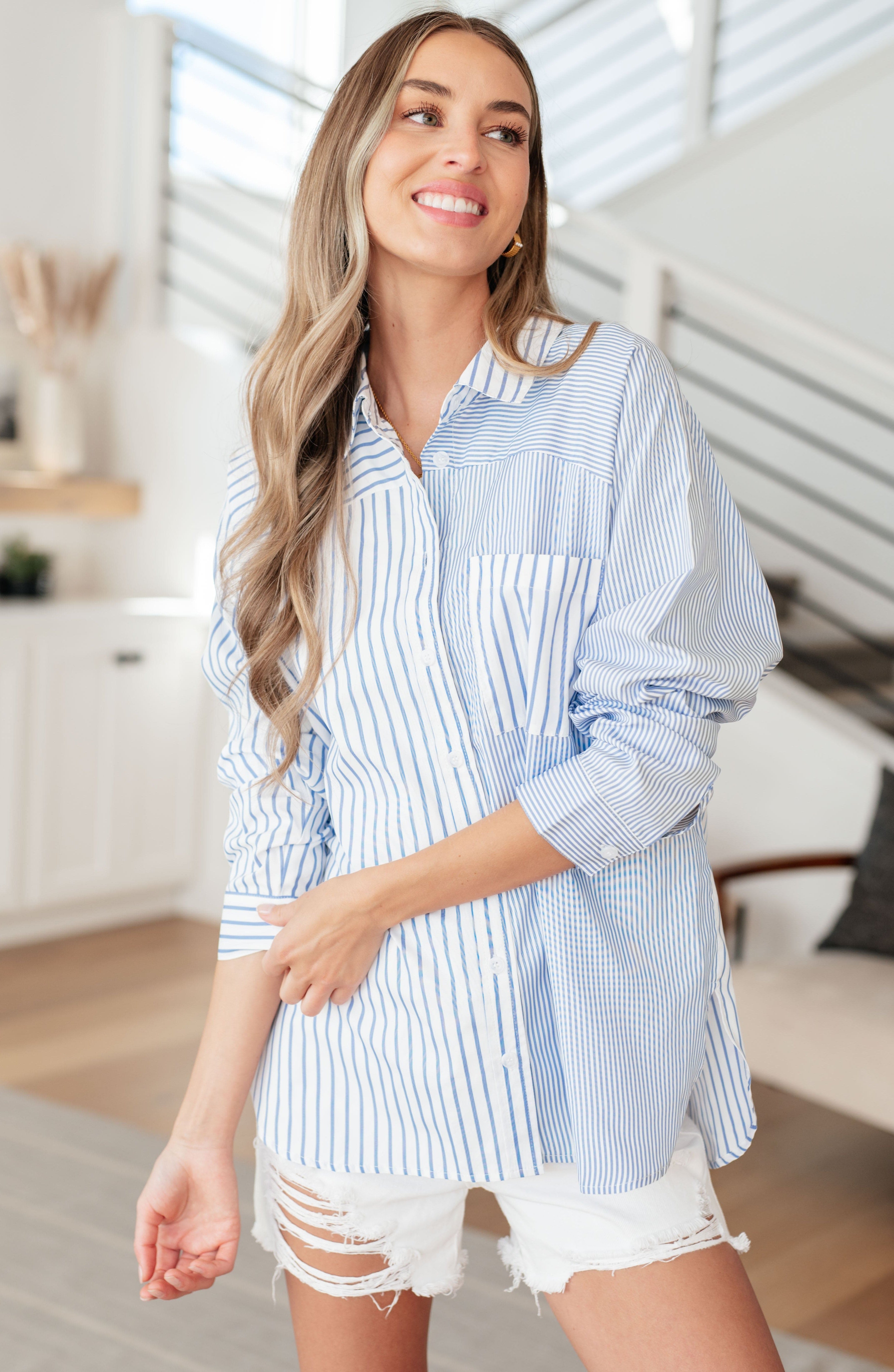This or That Striped Button Down-Tops-Stay Foxy Boutique, Florissant, Missouri