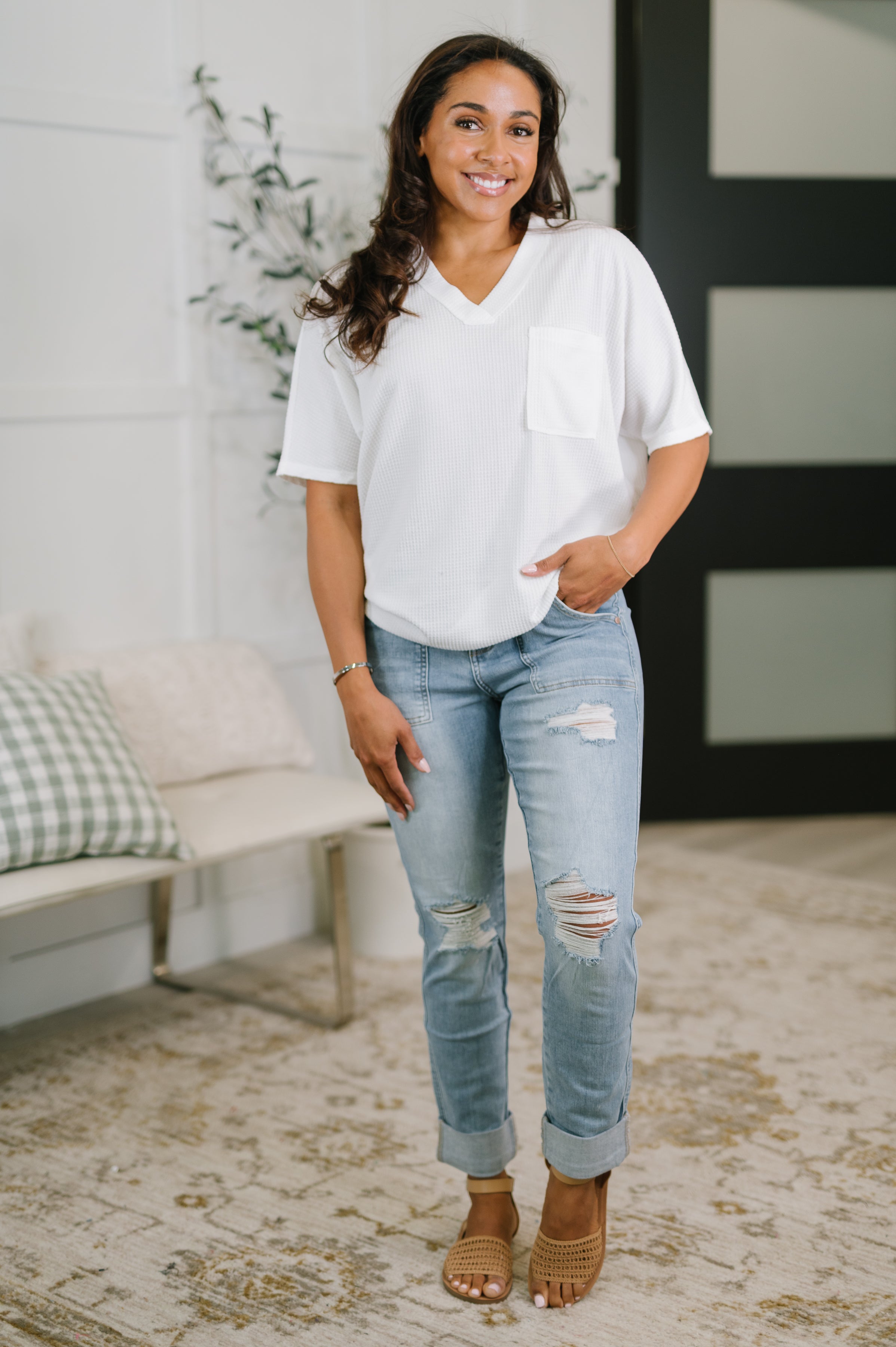 Together We're Unlimited Basic V-Neck Tee in Ivory-Womens-Stay Foxy Boutique, Florissant, Missouri