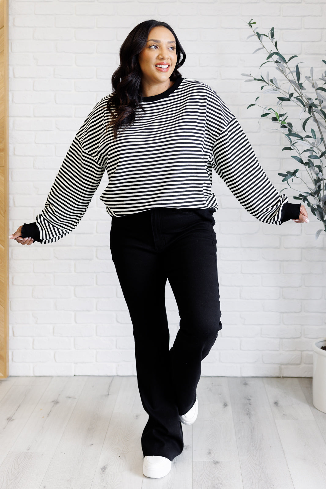 Too Good to Be True Striped Drop Shoulder Top in Black-Tops-Stay Foxy Boutique, Florissant, Missouri