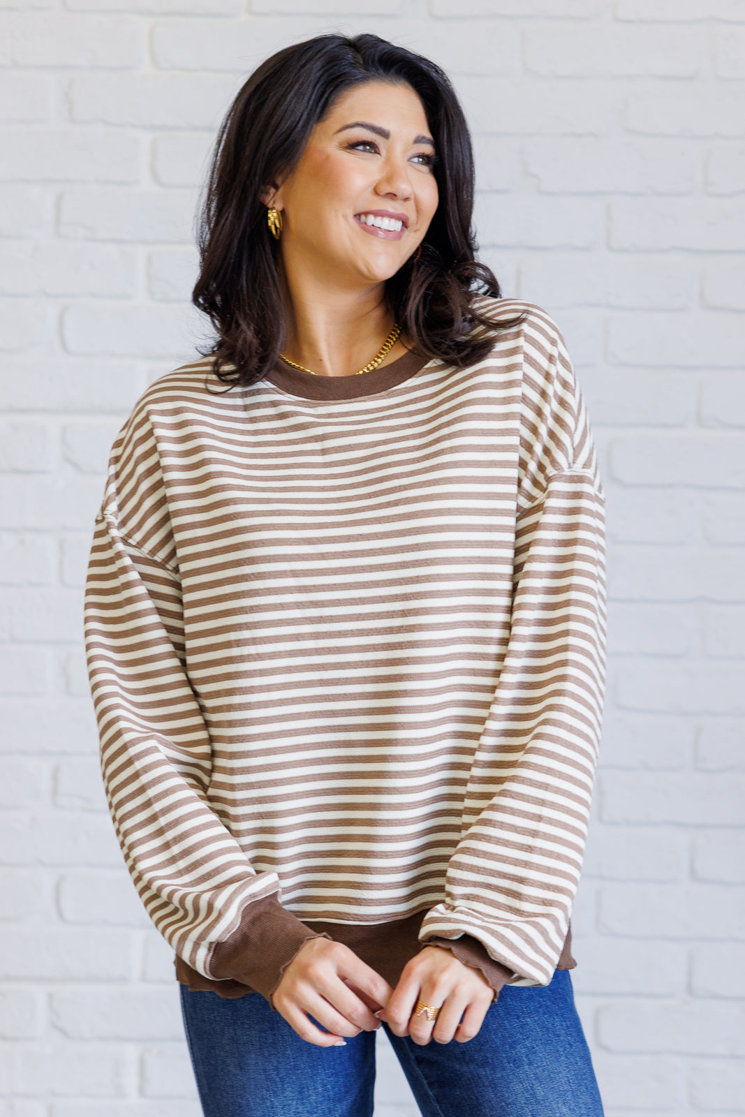 Too Good to be True Striped Drop Shoulder Top in Brown-Tops-Stay Foxy Boutique, Florissant, Missouri