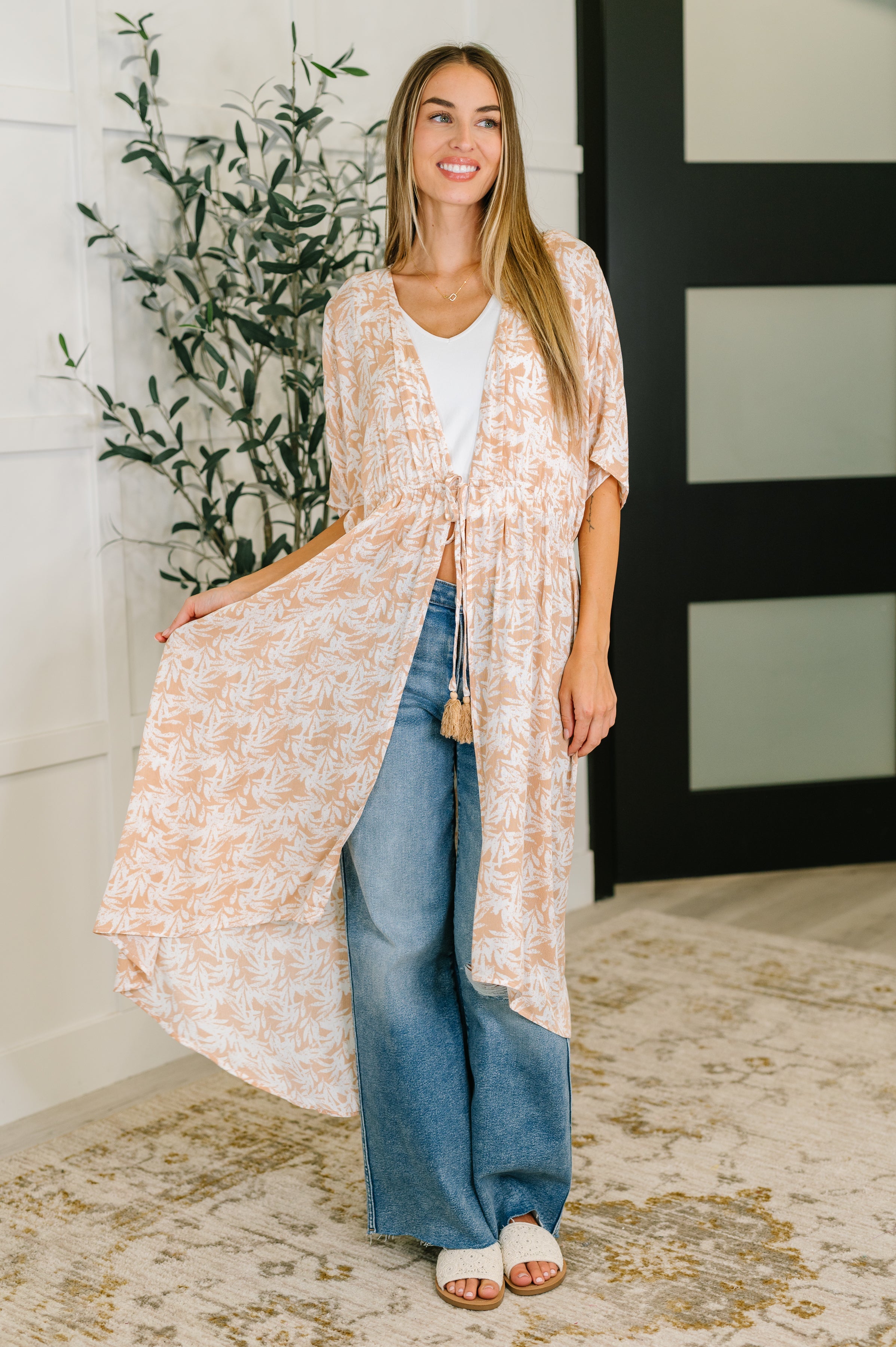 Tropical Print Gauze Kimono with Elastic Waist Tie in Milk Tea-Womens-Stay Foxy Boutique, Florissant, Missouri