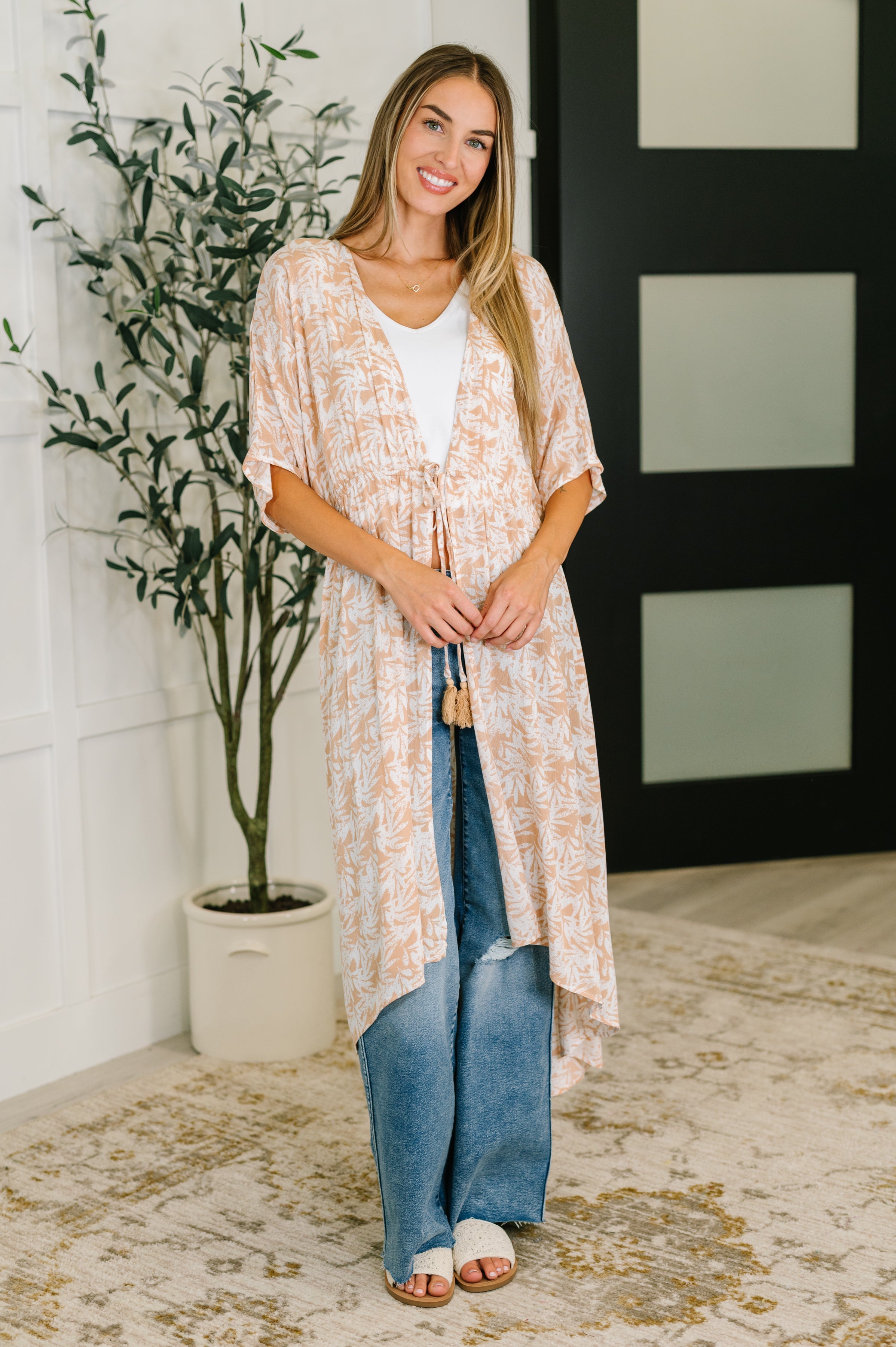 Tropical Print Gauze Kimono with Elastic Waist Tie in Milk Tea-Womens-Stay Foxy Boutique, Florissant, Missouri