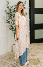 Tropical Print Gauze Kimono with Elastic Waist Tie in Milk Tea-Womens-Stay Foxy Boutique, Florissant, Missouri