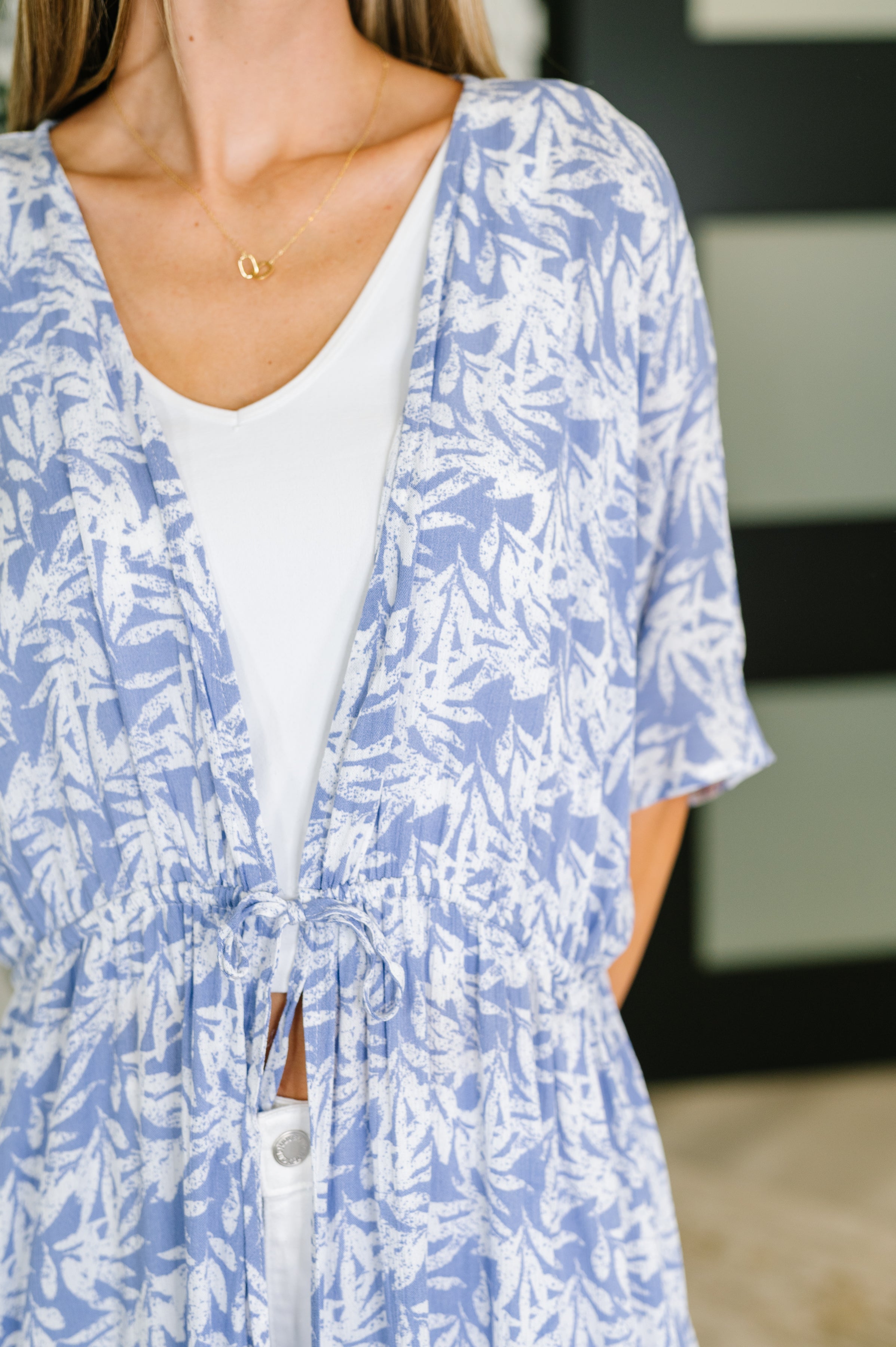 Tropical Print Gauze Kimono with Elastic Waist Tie in Periwinkle-Womens-Stay Foxy Boutique, Florissant, Missouri