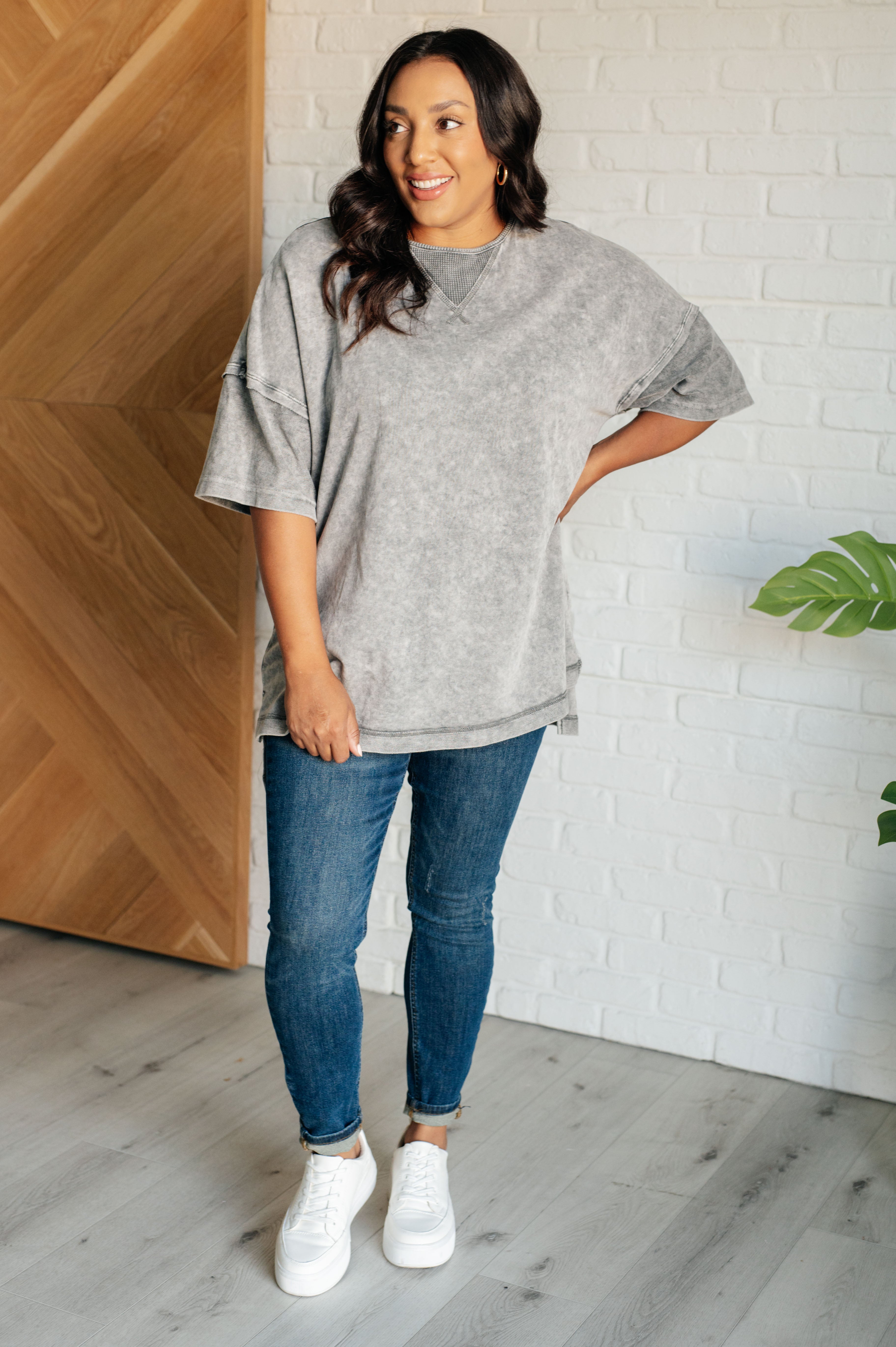 Unbothered Mineral Wash Top in Grey-Tops-Stay Foxy Boutique, Florissant, Missouri