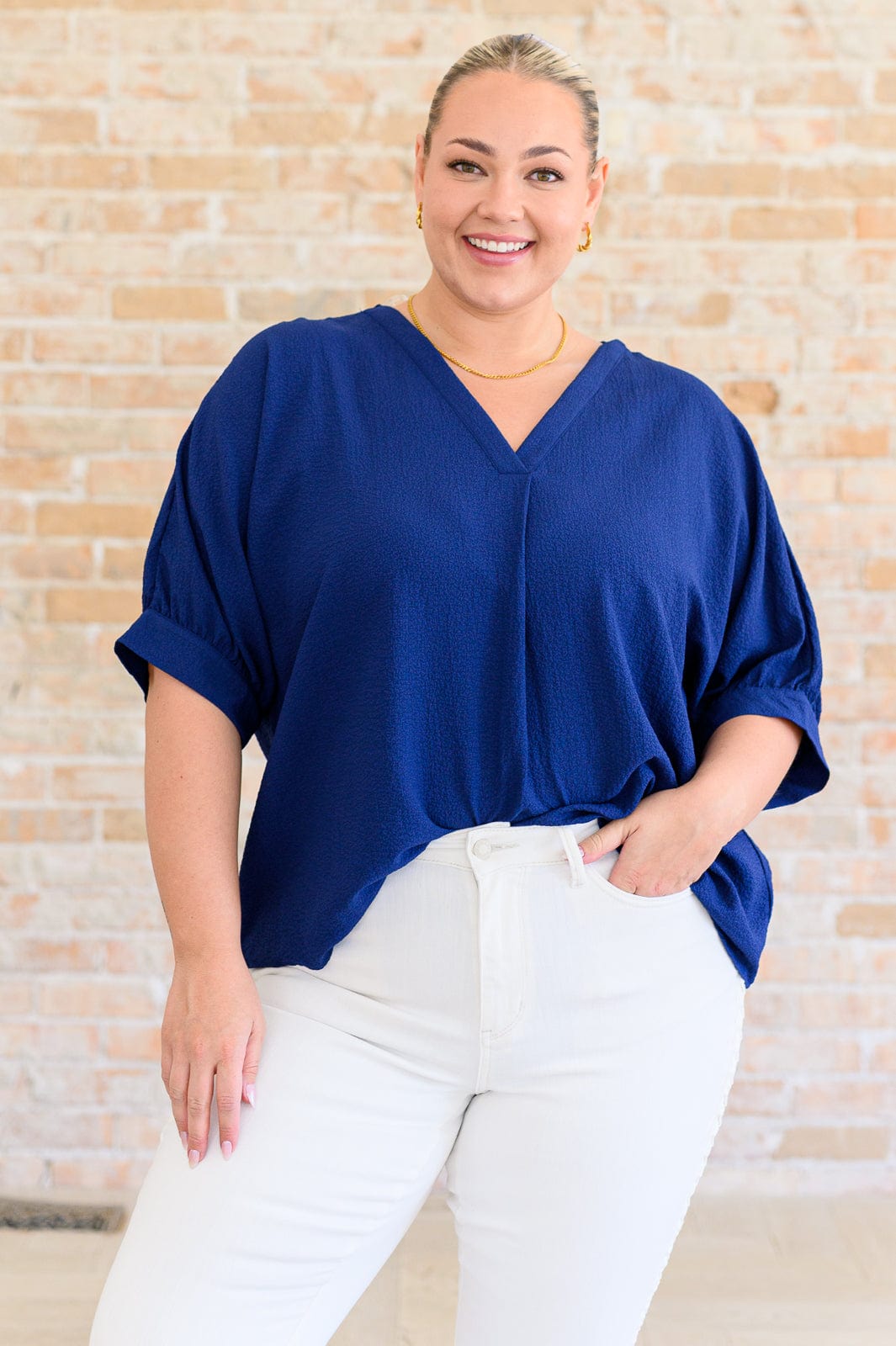 Up For Anything V-Neck Blouse in Navy-Tops-Stay Foxy Boutique, Florissant, Missouri