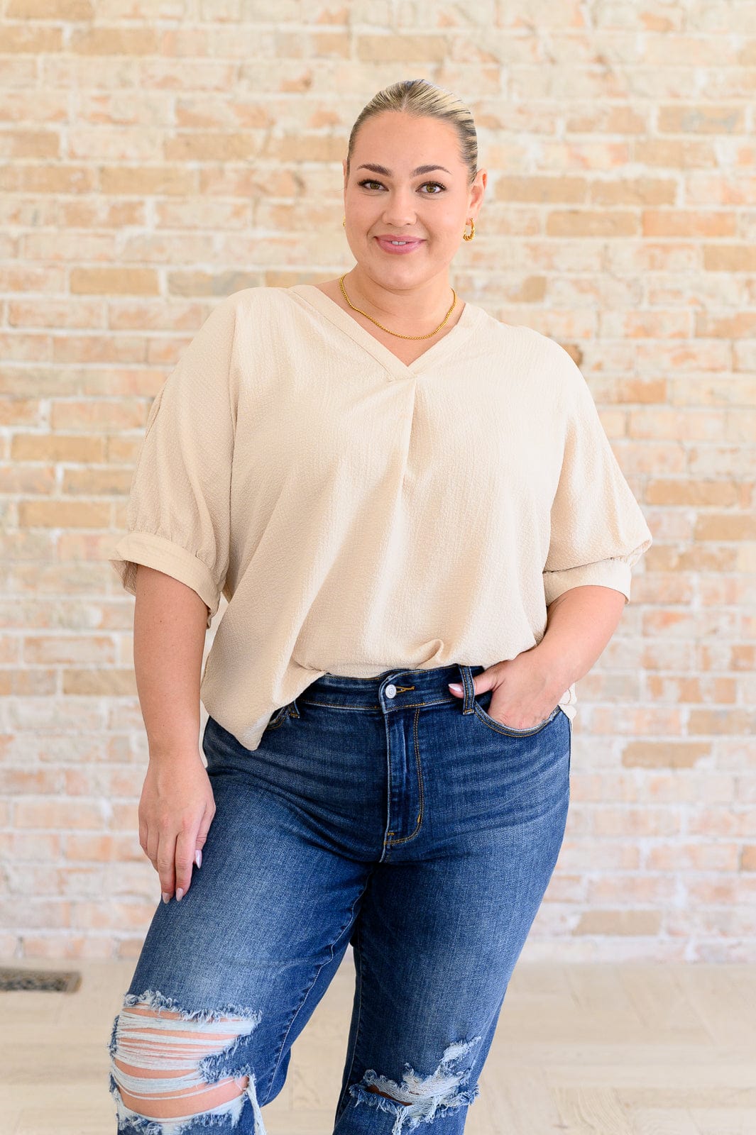 Up For Anything V-Neck Blouse in Taupe-Tops-Stay Foxy Boutique, Florissant, Missouri