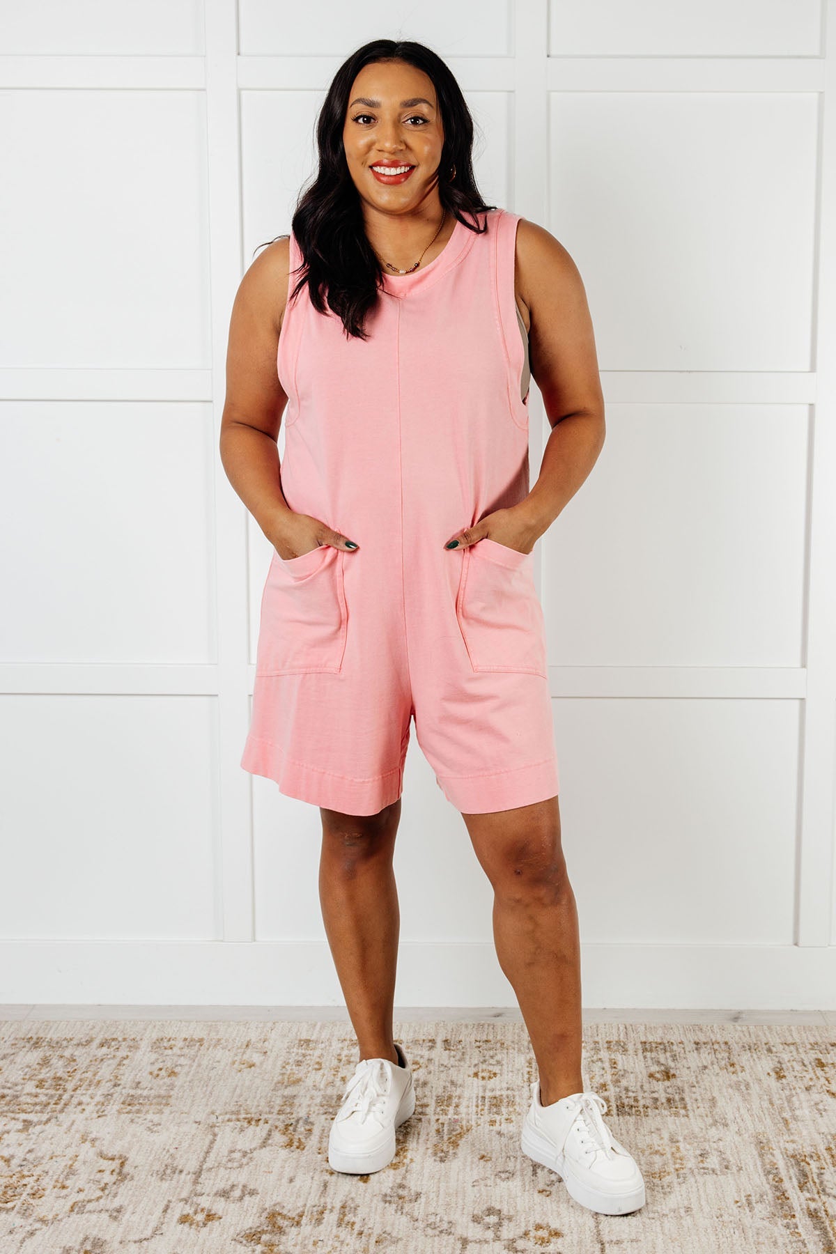 Up and Running Mineral Wash Romper in Coral Pink-Jumpsuits & Rompers-Stay Foxy Boutique, Florissant, Missouri