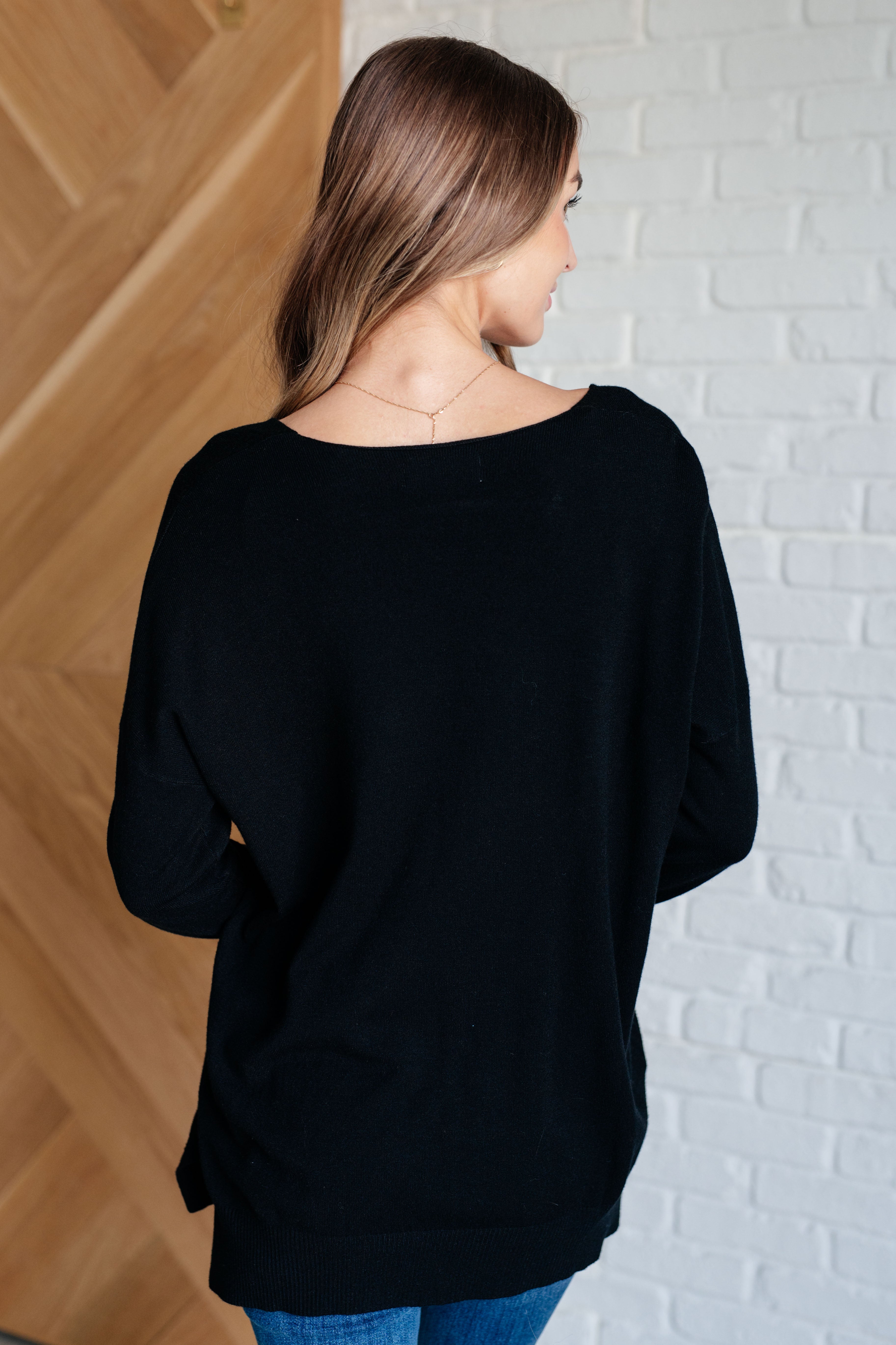 V-Neck Front Seam Sweater in Black-Tops-Stay Foxy Boutique, Florissant, Missouri