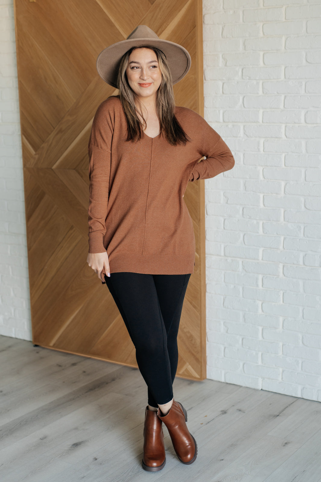 V-Neck Front Seam Sweater in Deep Camel-Tops-Stay Foxy Boutique, Florissant, Missouri