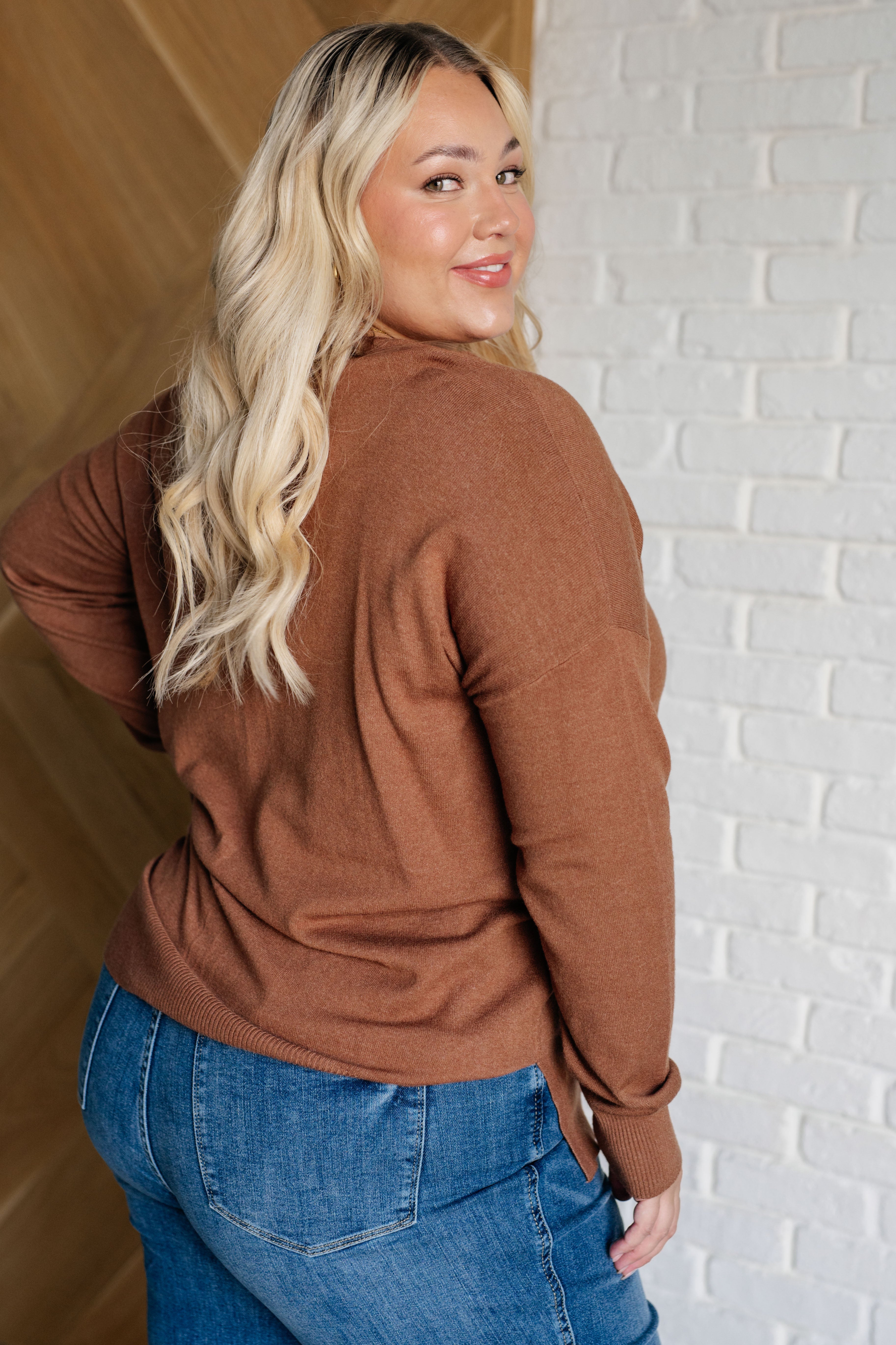 V-Neck Front Seam Sweater in Deep Camel-Tops-Stay Foxy Boutique, Florissant, Missouri