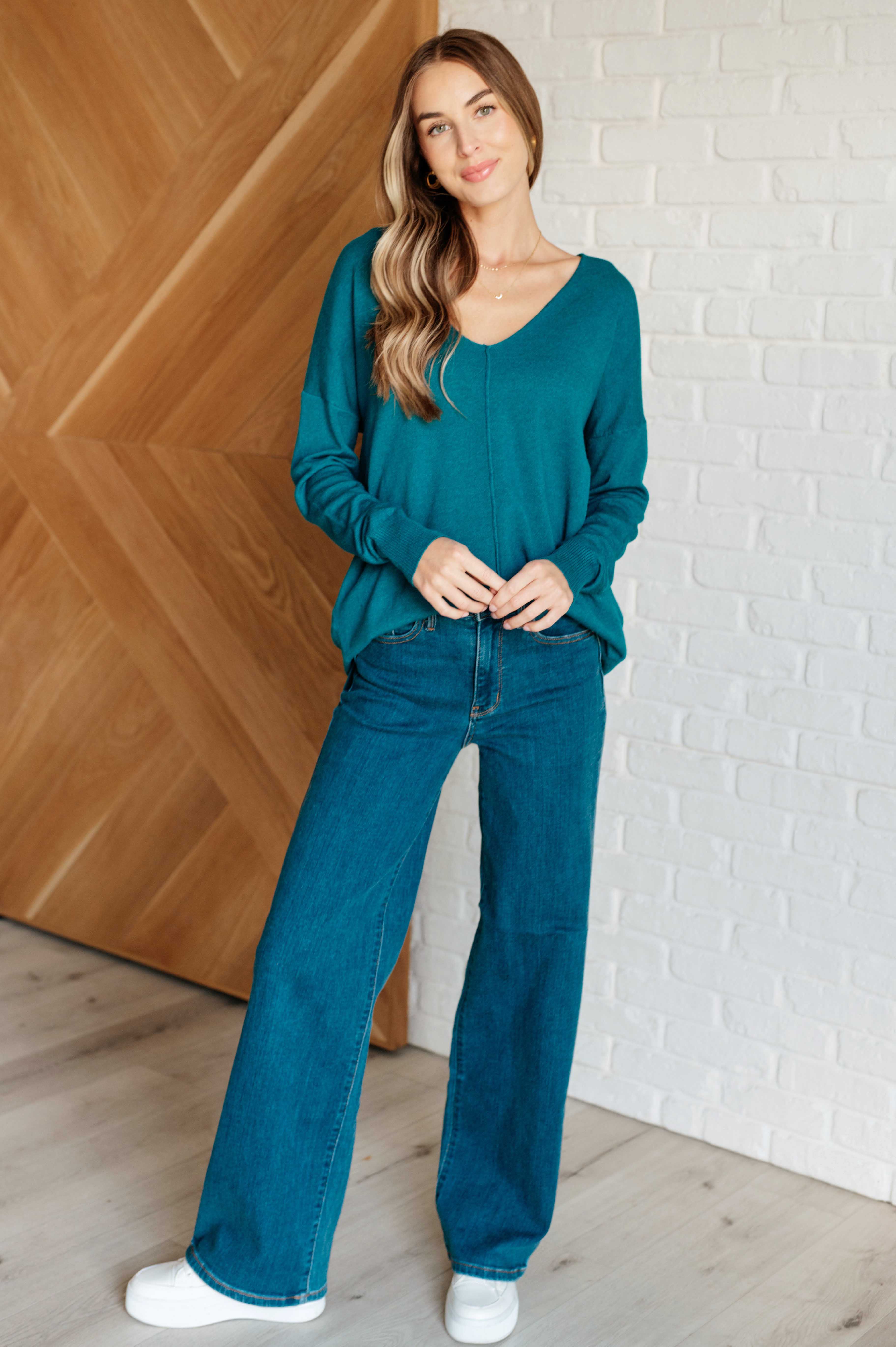 V-Neck Front Seam Sweater in Heather Ocean Teal-Tops-Stay Foxy Boutique, Florissant, Missouri