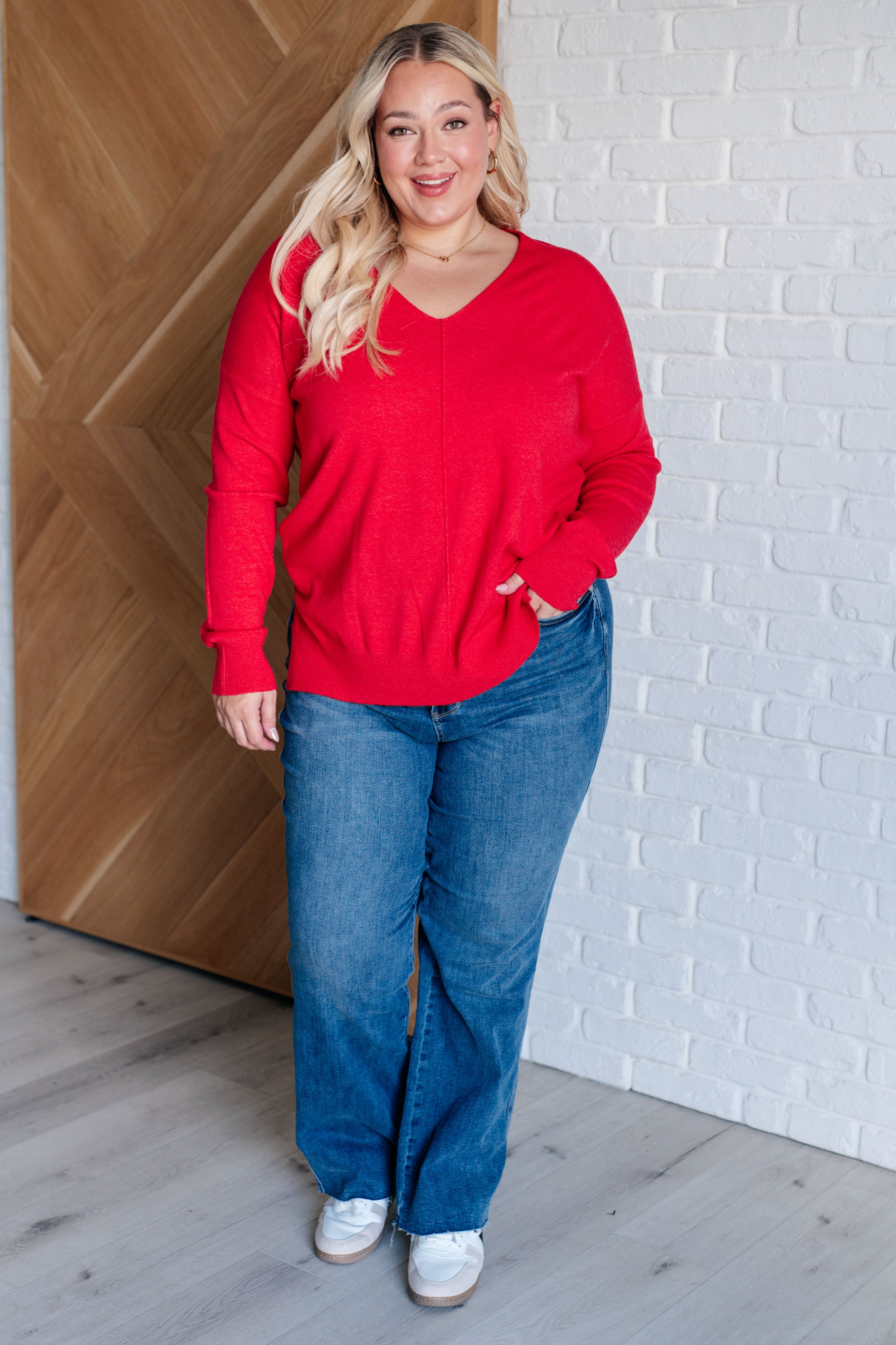 V-Neck Front Seam Sweater in Heather Red-Tops-Stay Foxy Boutique, Florissant, Missouri