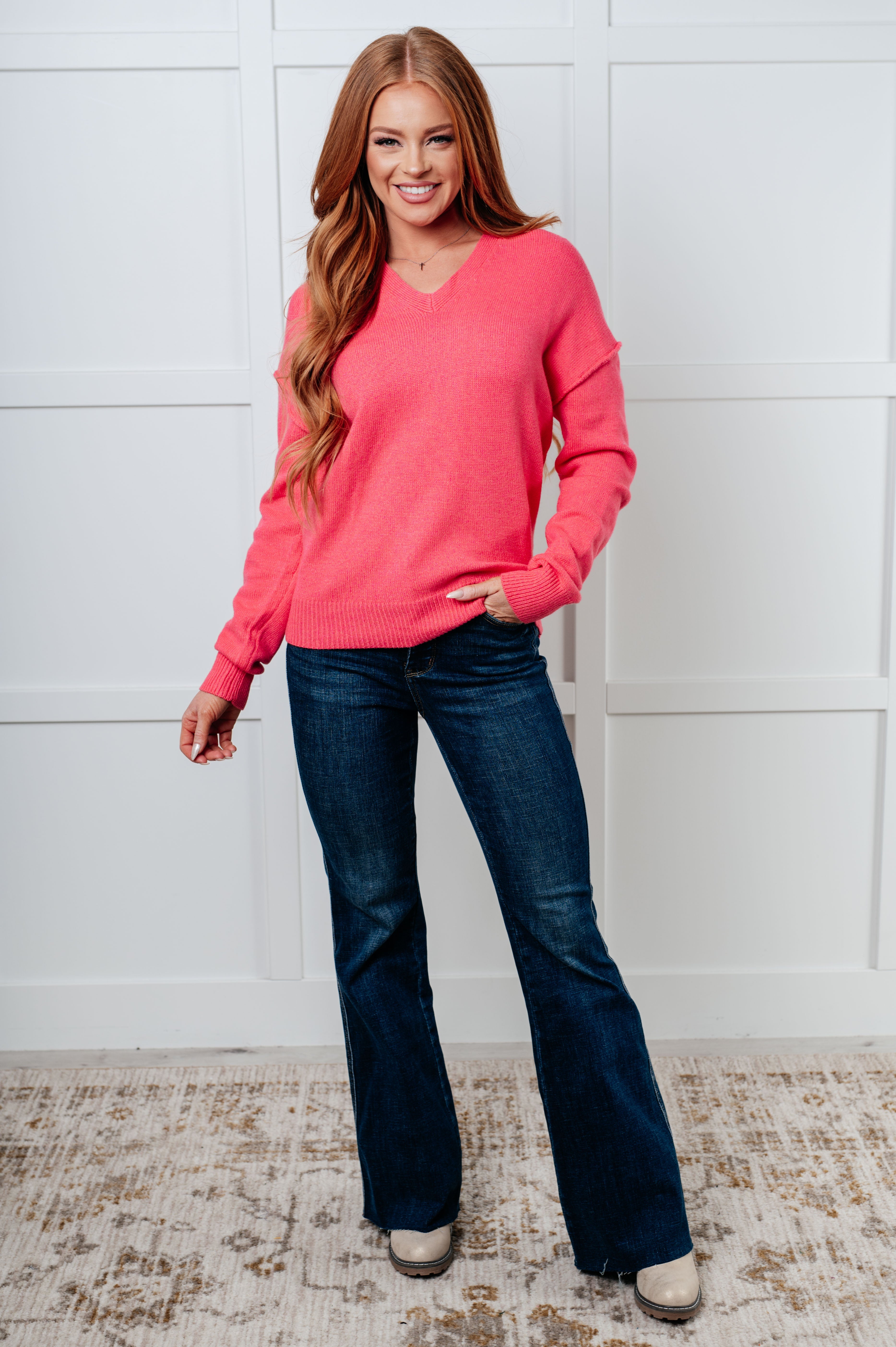 Very Understandable V-Neck Sweater in Pink-Tops-Stay Foxy Boutique, Florissant, Missouri