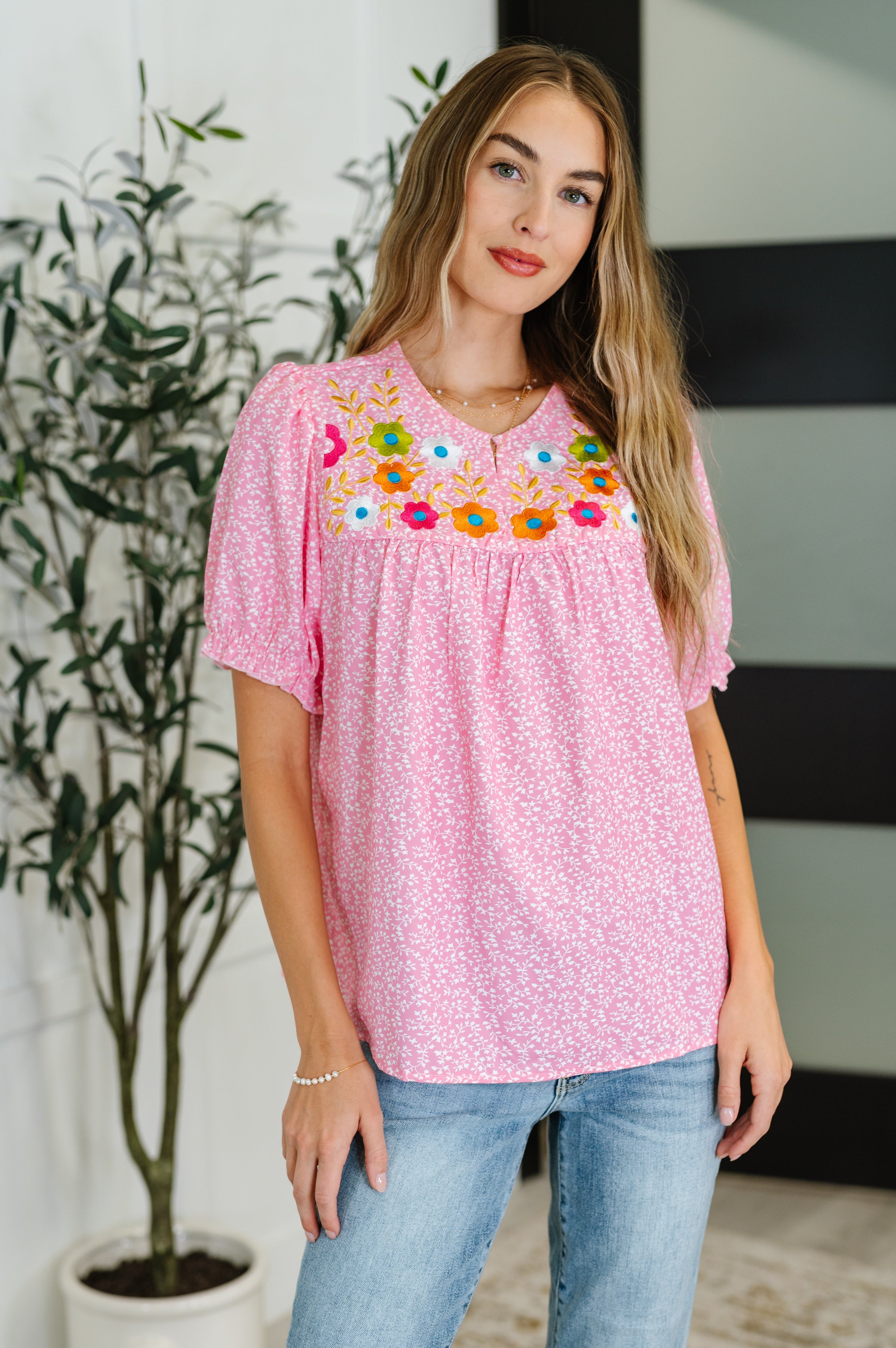 Wander Bloom Embroidered Puff Sleeve Blouse in Pink-Womens-Stay Foxy Boutique, Florissant, Missouri