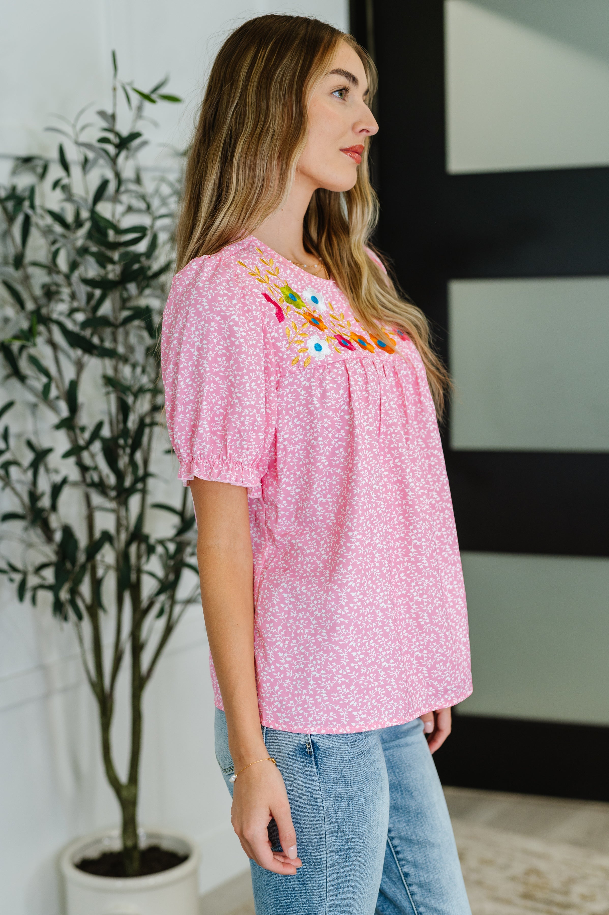 Wander Bloom Embroidered Puff Sleeve Blouse in Pink-Womens-Stay Foxy Boutique, Florissant, Missouri