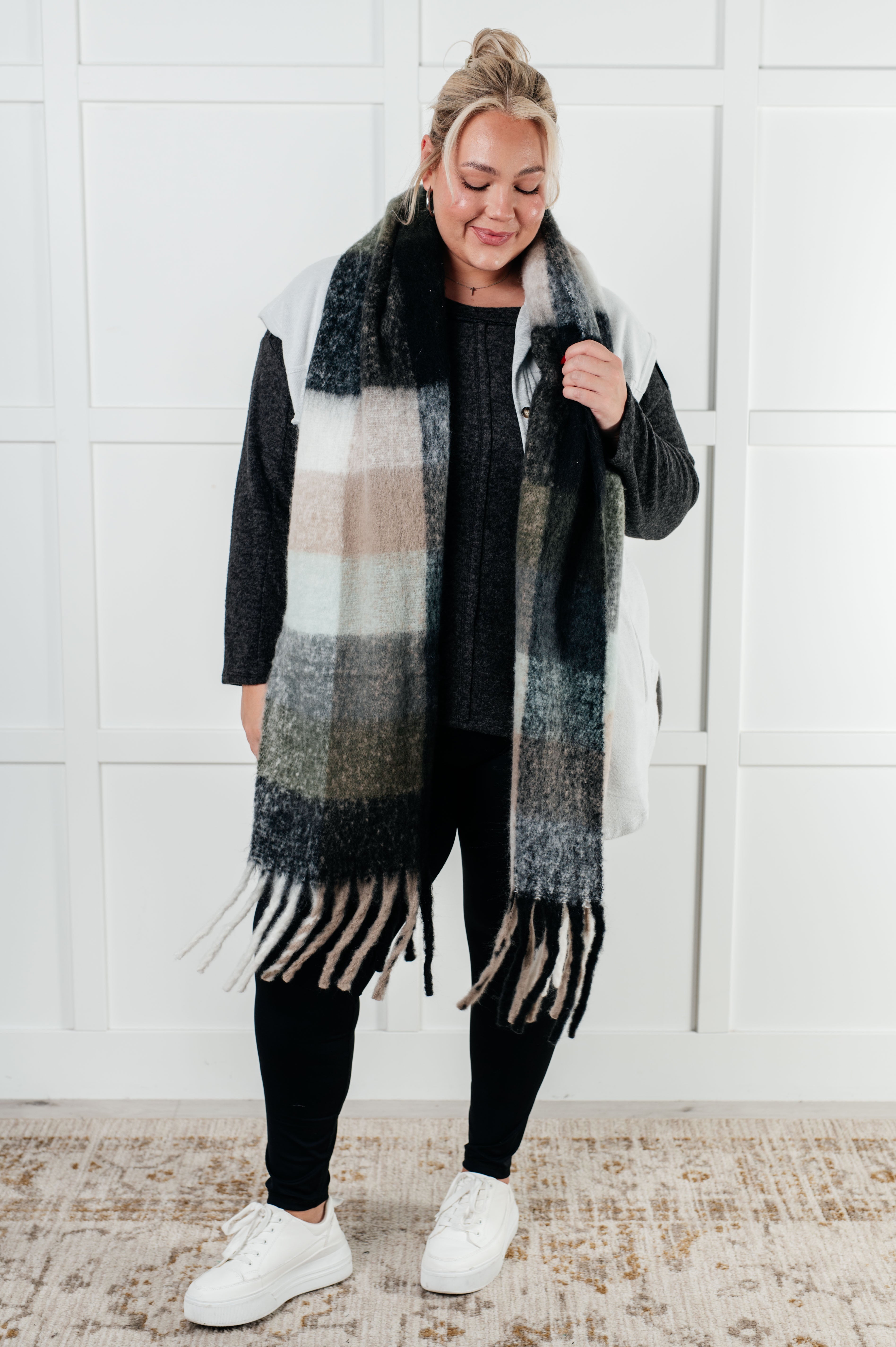 Wanderlust Wrap Oversized Plaid Fringe Scarf in Grey and Jade-Accessories-Stay Foxy Boutique, Florissant, Missouri