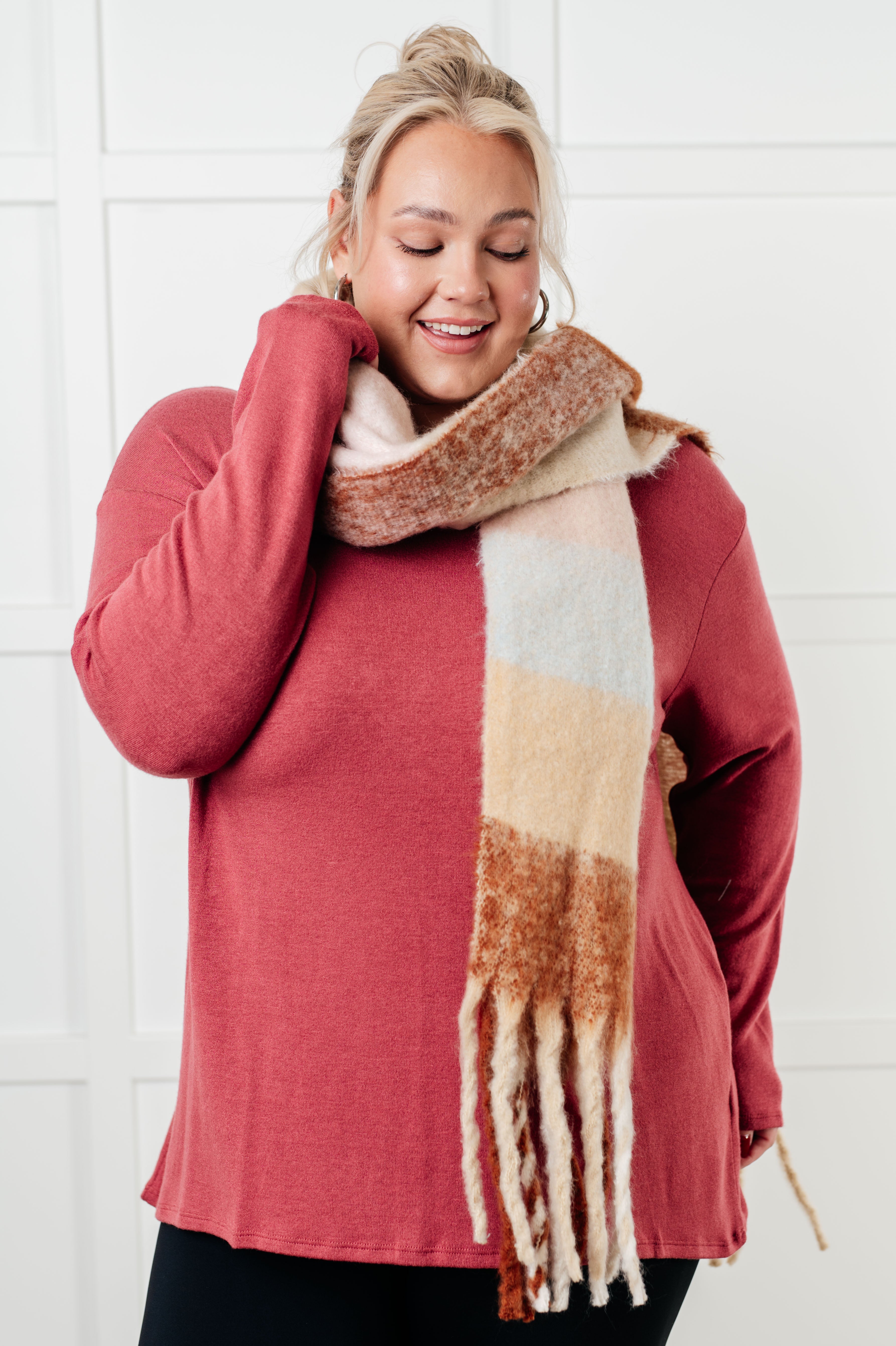 Wanderlust Wrap Oversized Plaid Fringe Scarf in Light Brown-Accessories-Stay Foxy Boutique, Florissant, Missouri