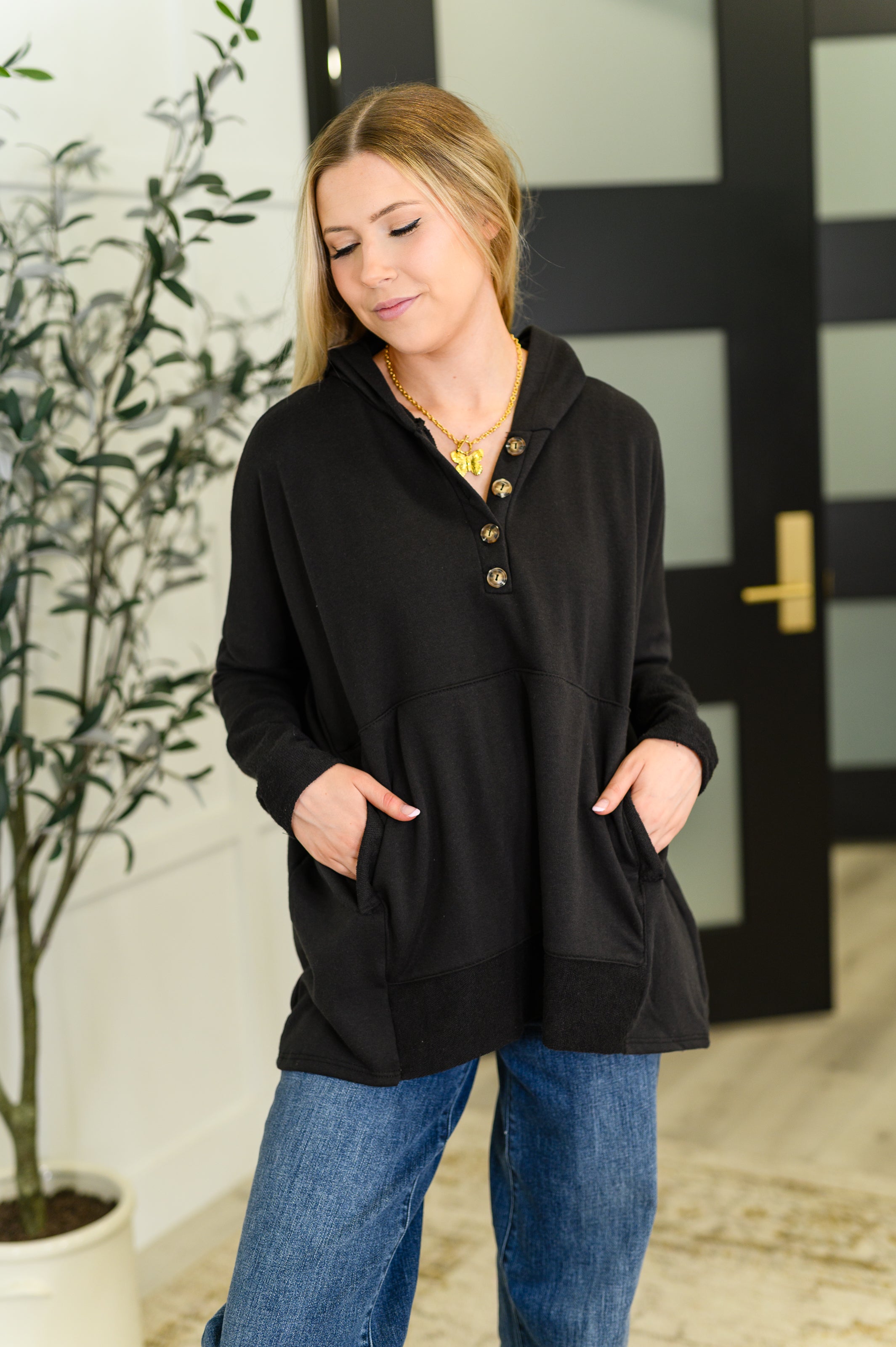 Warm Intentions Henley Pullover in Black-Womens-Stay Foxy Boutique, Florissant, Missouri