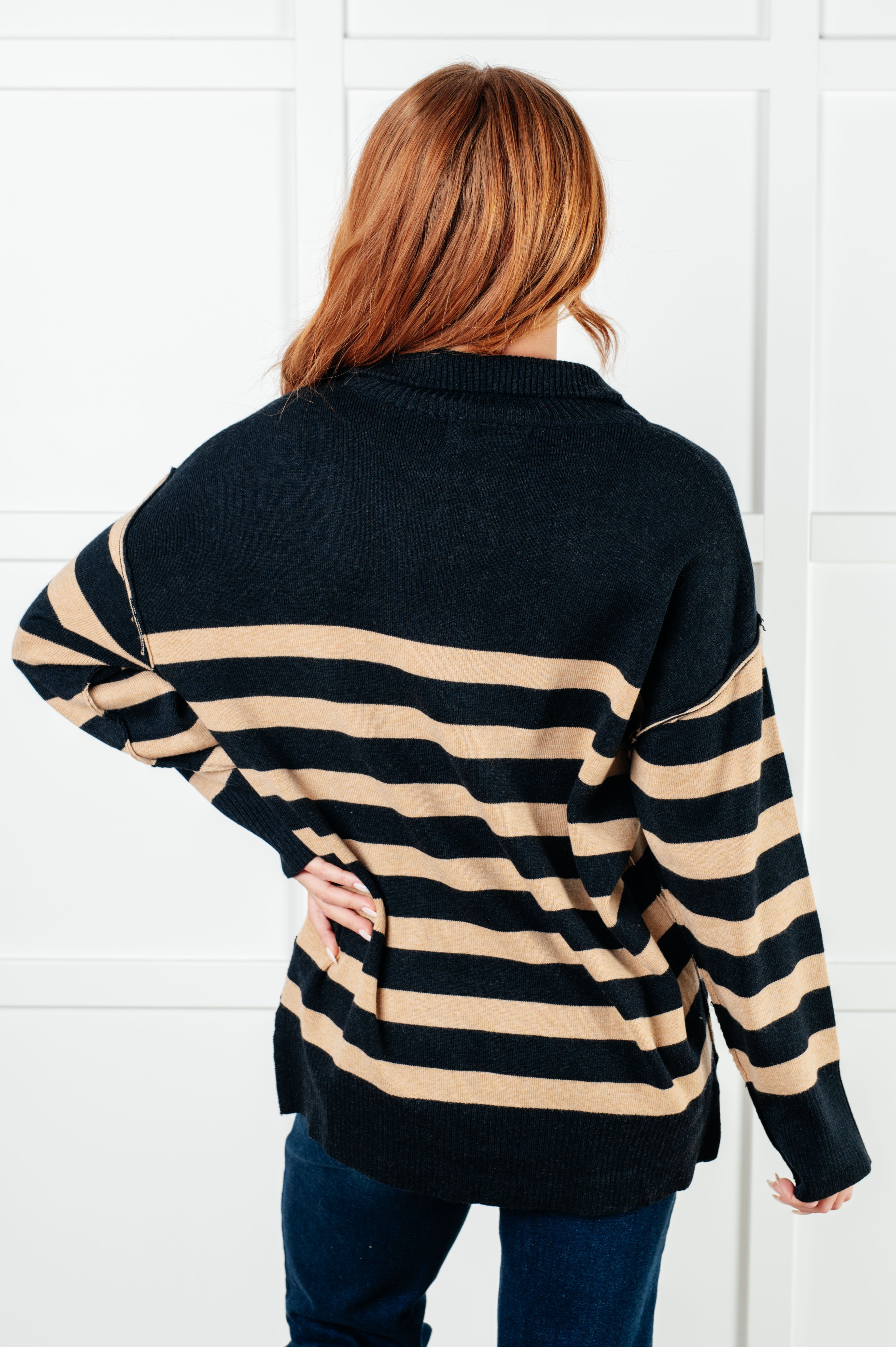 Well Situated Striped Quarter Zip Sweater in Black and Tan-Tops-Stay Foxy Boutique, Florissant, Missouri