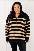 Well Situated Striped Quarter Zip Sweater in Black and Tan-Tops-Stay Foxy Boutique, Florissant, Missouri