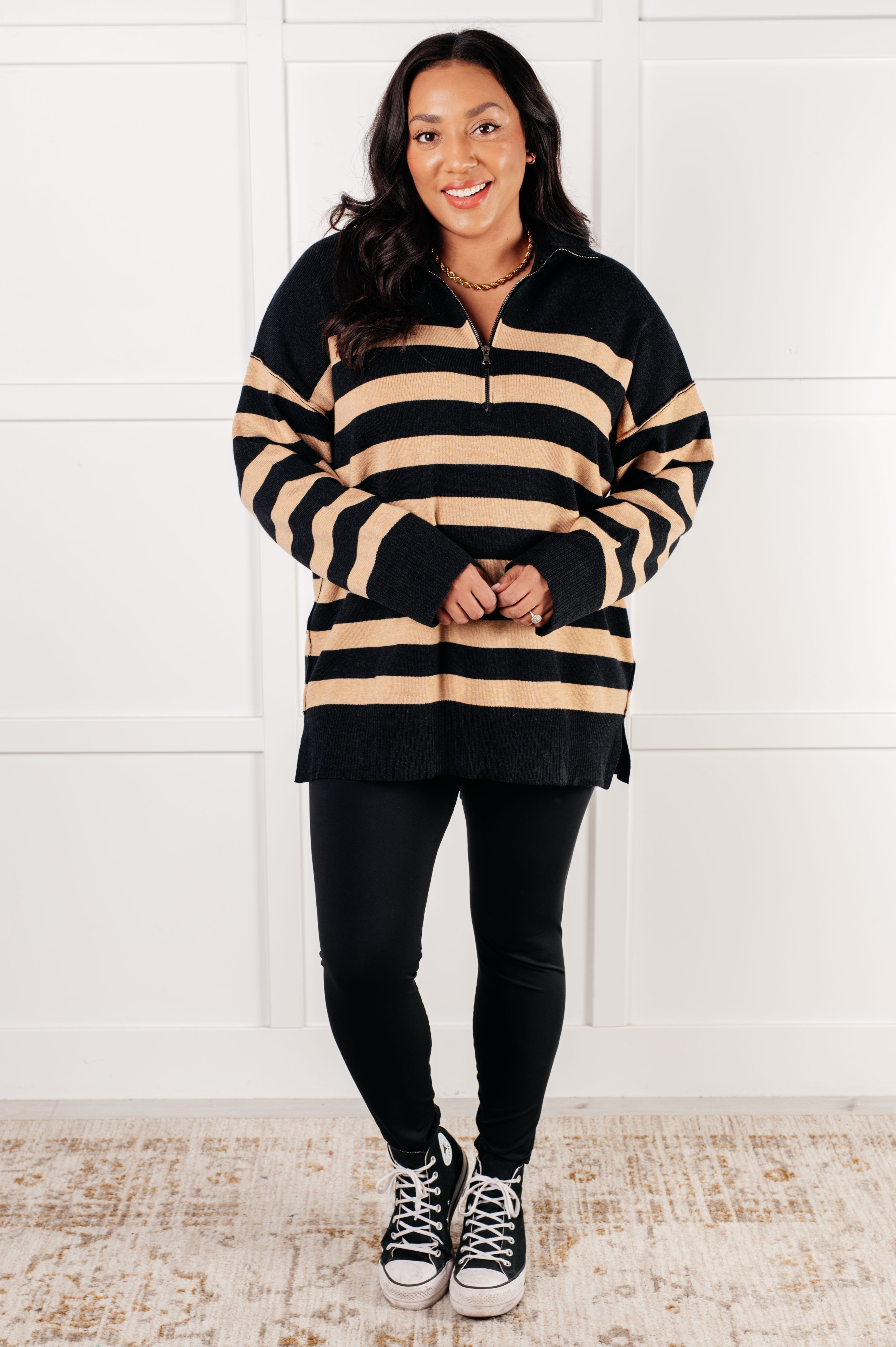 Well Situated Striped Quarter Zip Sweater in Black and Tan-Tops-Stay Foxy Boutique, Florissant, Missouri