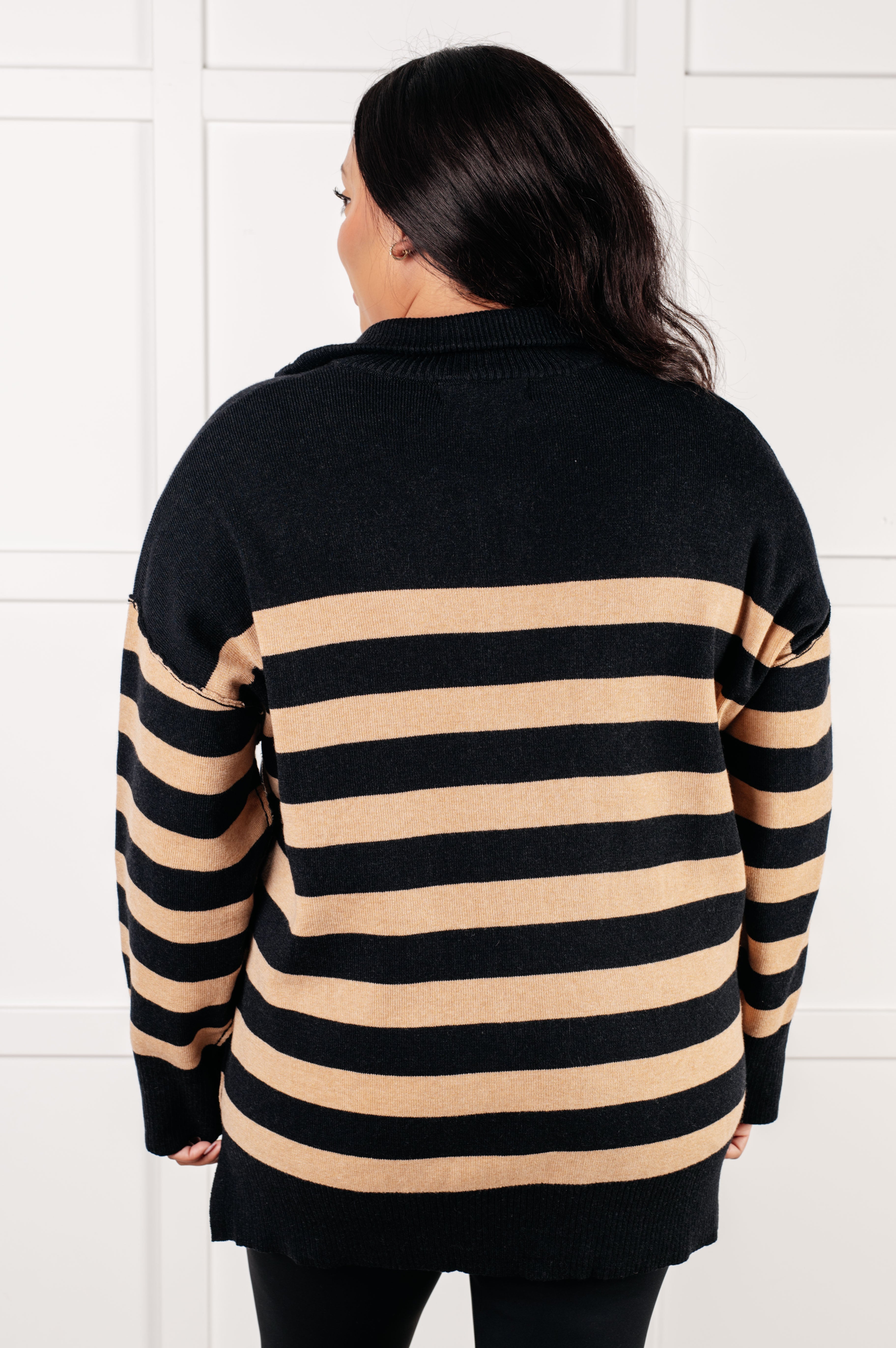 Well Situated Striped Quarter Zip Sweater in Black and Tan-Tops-Stay Foxy Boutique, Florissant, Missouri