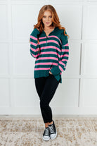 Well Situated Striped Quarter Zip Sweater in Green and Pink-Tops-Stay Foxy Boutique, Florissant, Missouri