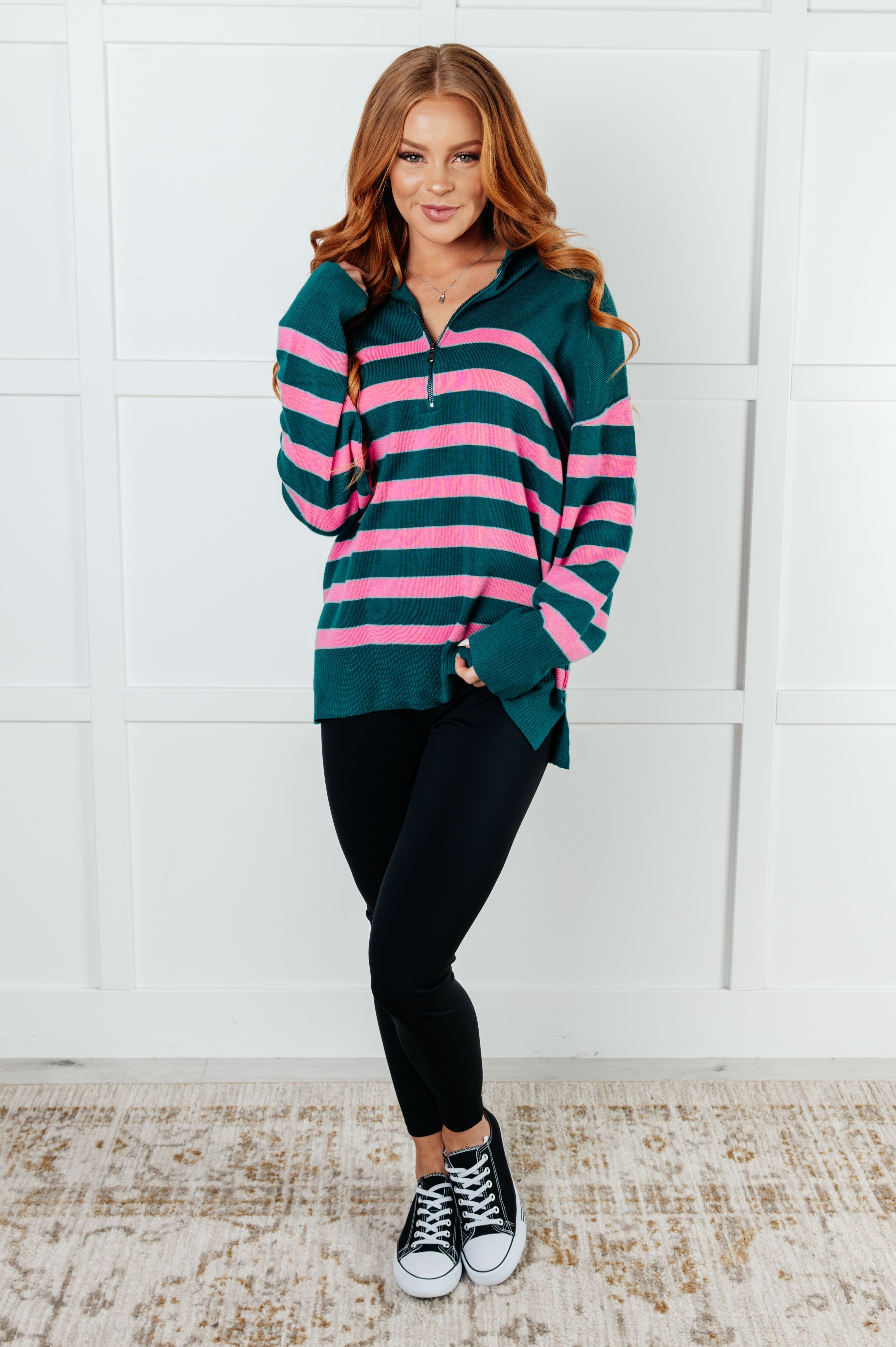 Well Situated Striped Quarter Zip Sweater in Green and Pink-Tops-Stay Foxy Boutique, Florissant, Missouri