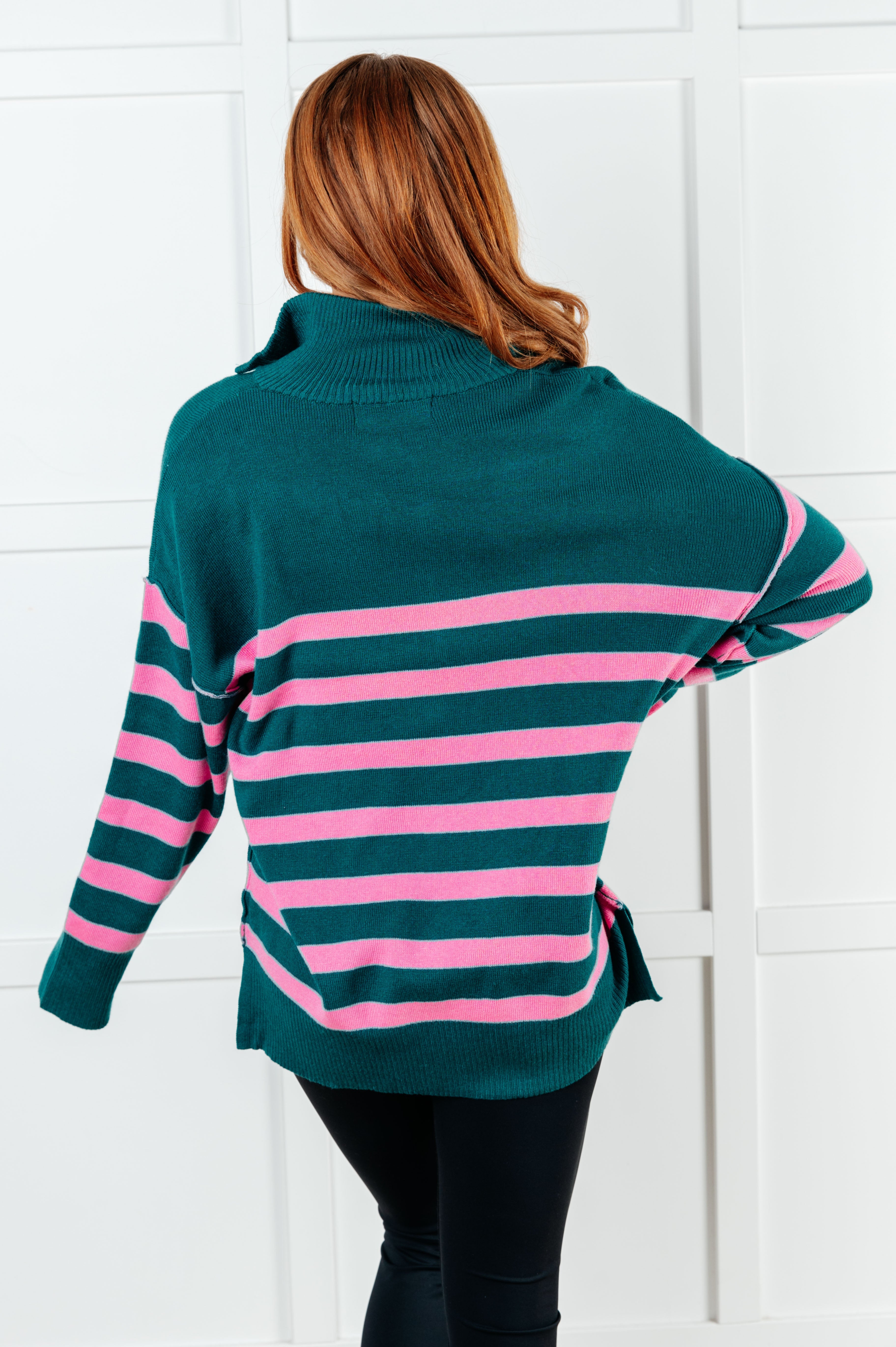 Well Situated Striped Quarter Zip Sweater in Green and Pink-Tops-Stay Foxy Boutique, Florissant, Missouri