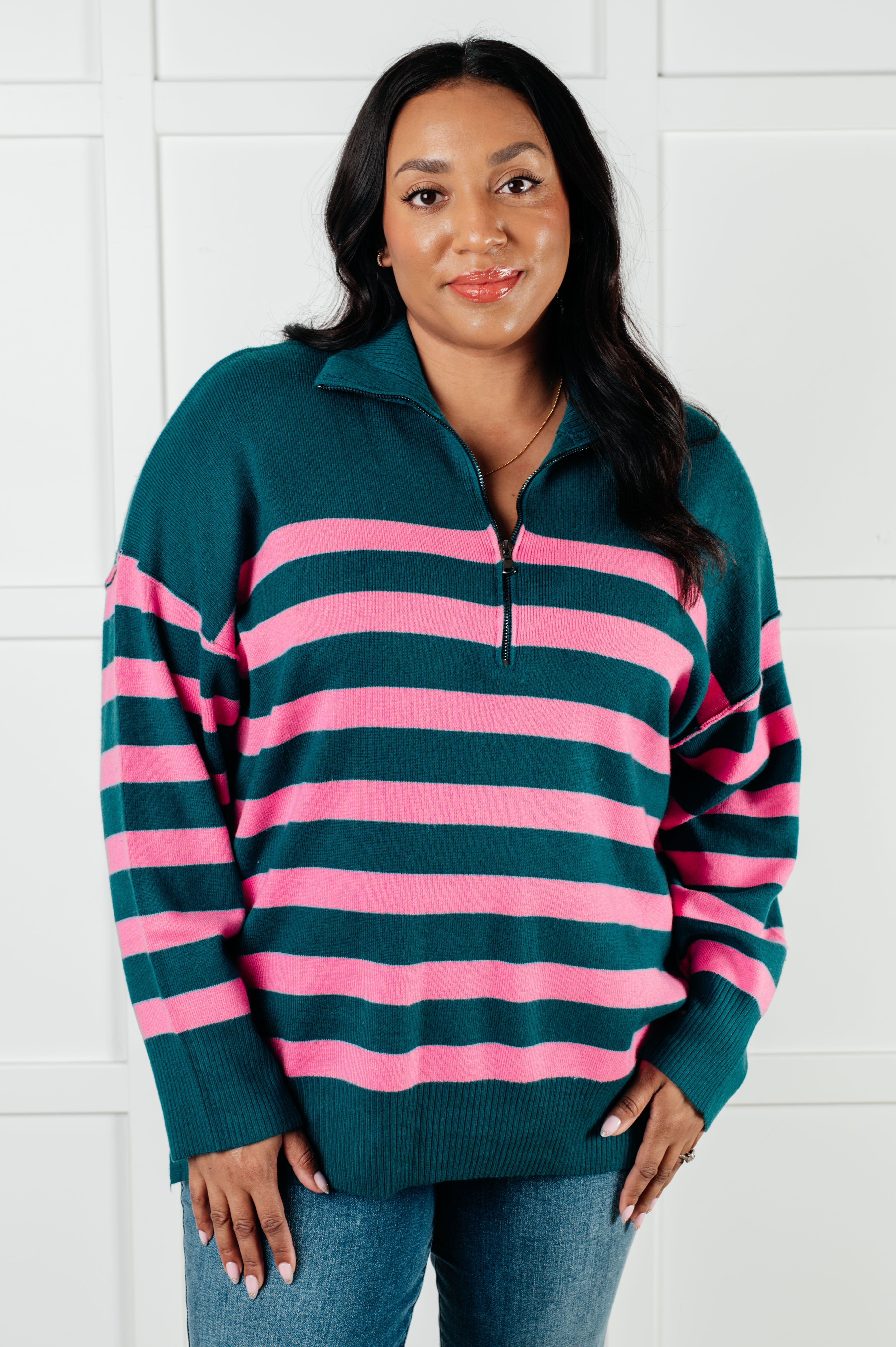 Well Situated Striped Quarter Zip Sweater in Green and Pink-Tops-Stay Foxy Boutique, Florissant, Missouri