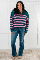 Well Situated Striped Quarter Zip Sweater in Green and Pink-Tops-Stay Foxy Boutique, Florissant, Missouri