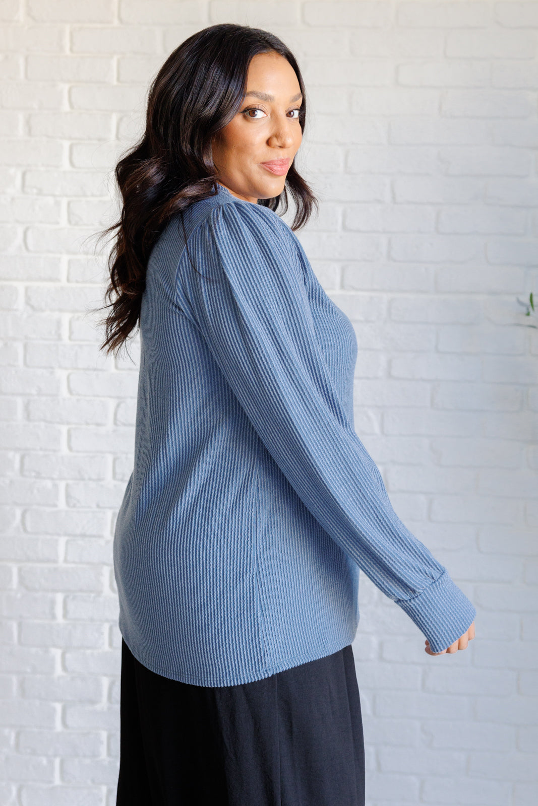 When the Sun Goes Down Mineral Wash Ribbed Knit Top in Vintage Denim-Tops-Stay Foxy Boutique, Florissant, Missouri