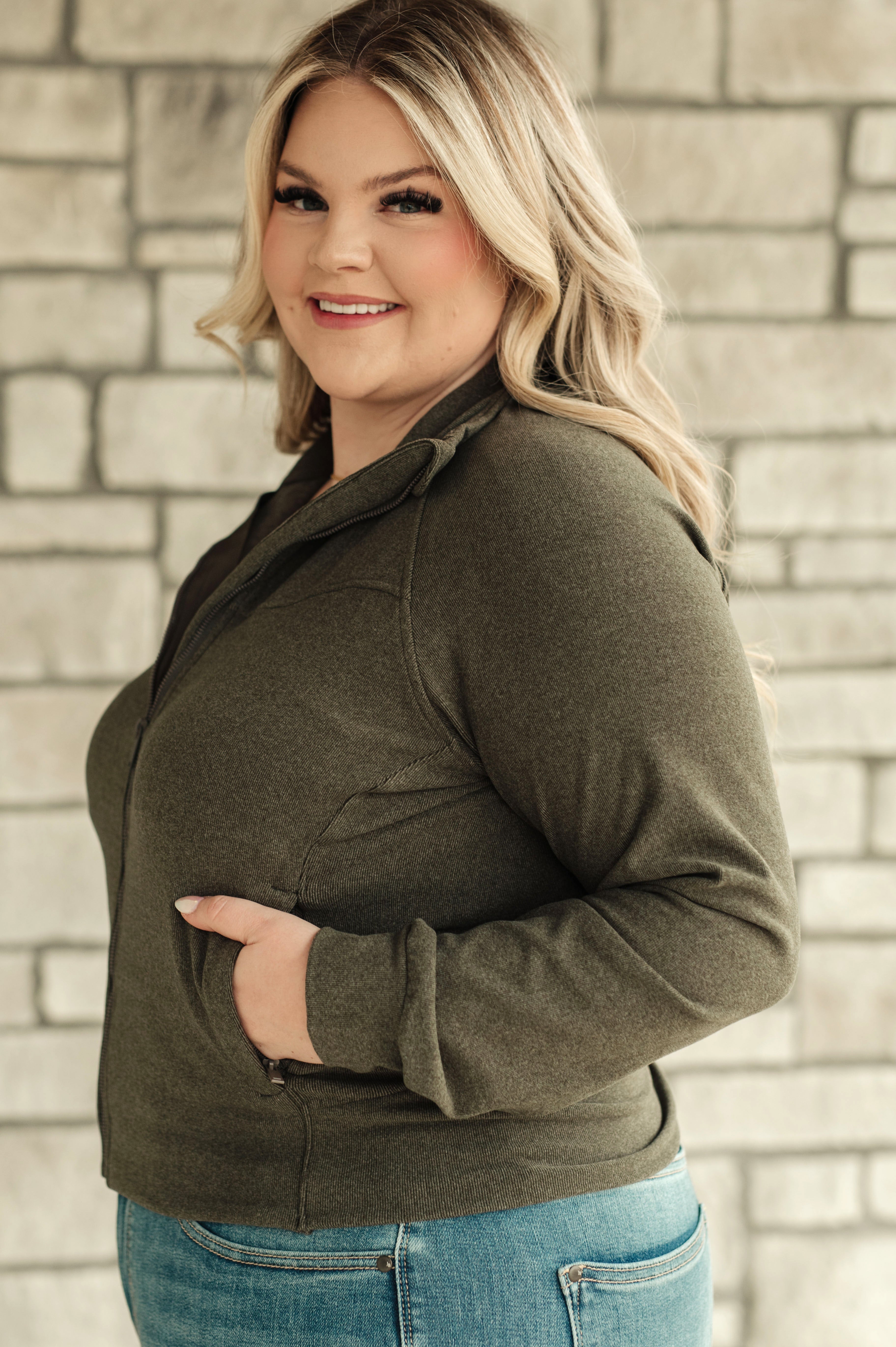 Where Are You Zip Up Jacket in Olive-Layers-Stay Foxy Boutique, Florissant, Missouri