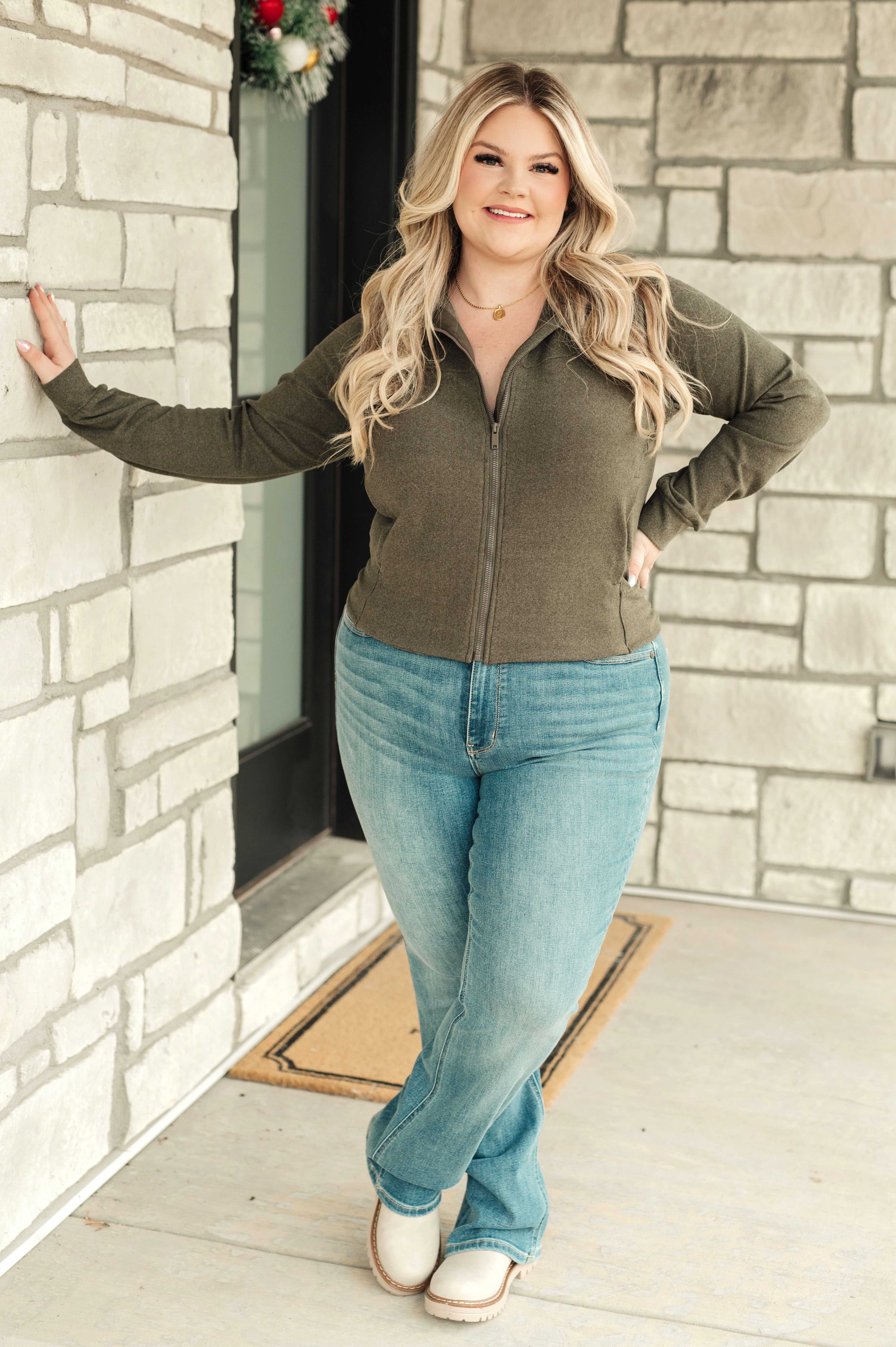 Where Are You Zip Up Jacket in Olive-Layers-Stay Foxy Boutique, Florissant, Missouri