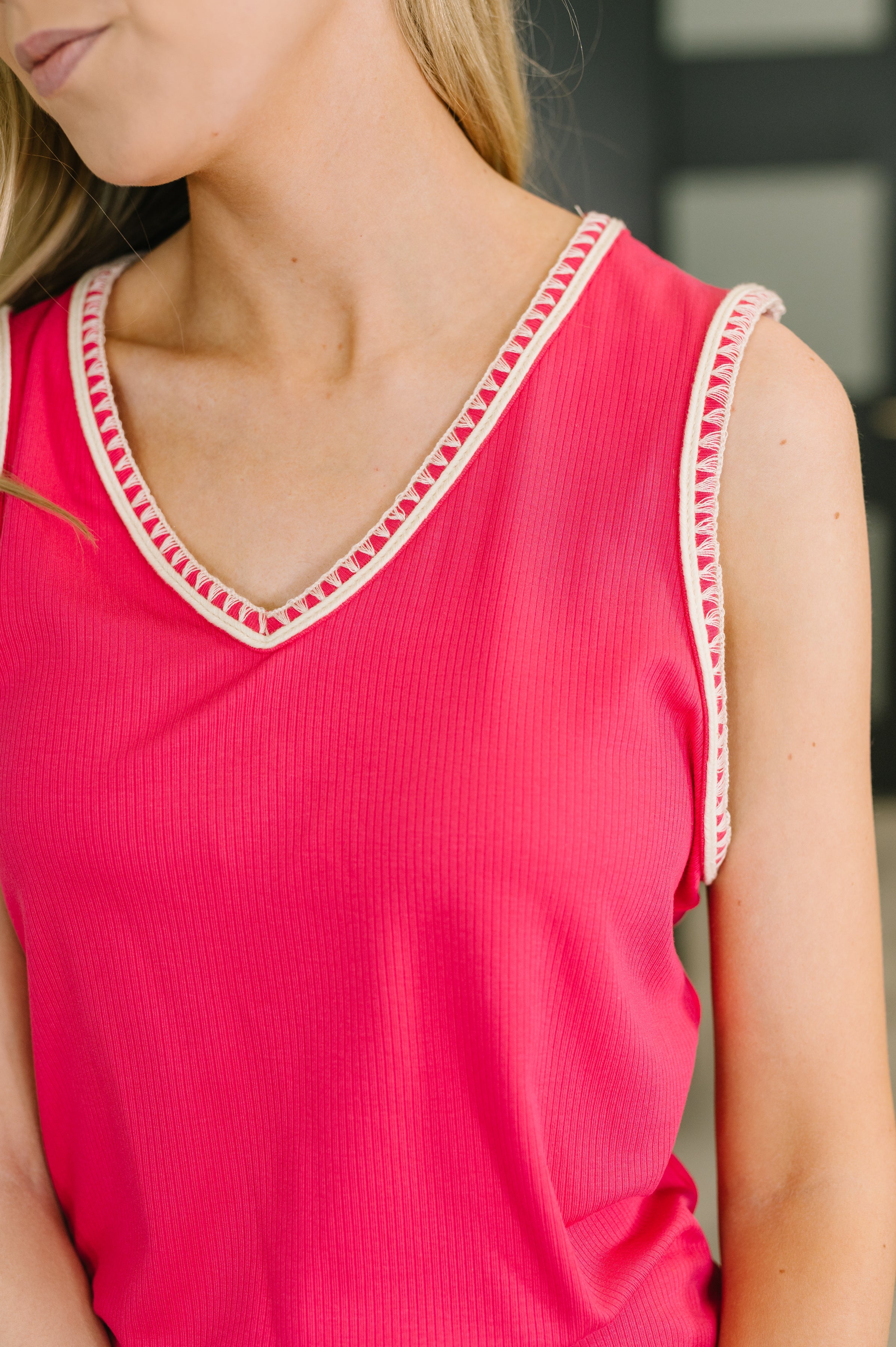 Whisper Trim Detailed V-Neck Tank in Hot Pink-Womens-Stay Foxy Boutique, Florissant, Missouri
