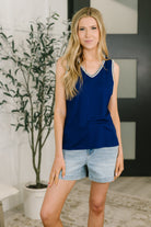 Whisper Trim Detailed V-Neck Tank in Navy-Womens-Stay Foxy Boutique, Florissant, Missouri