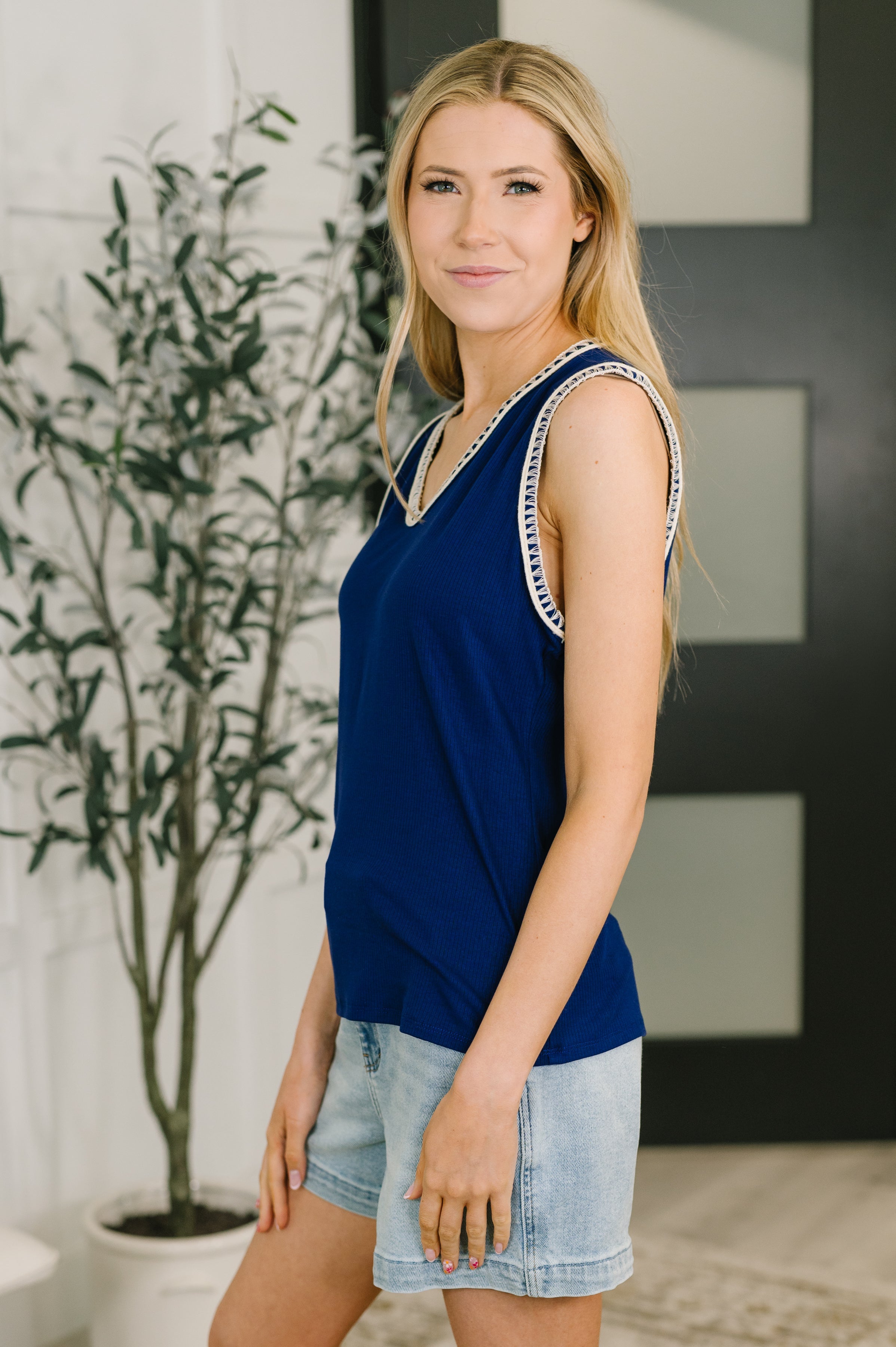 Whisper Trim Detailed V-Neck Tank in Navy-Womens-Stay Foxy Boutique, Florissant, Missouri