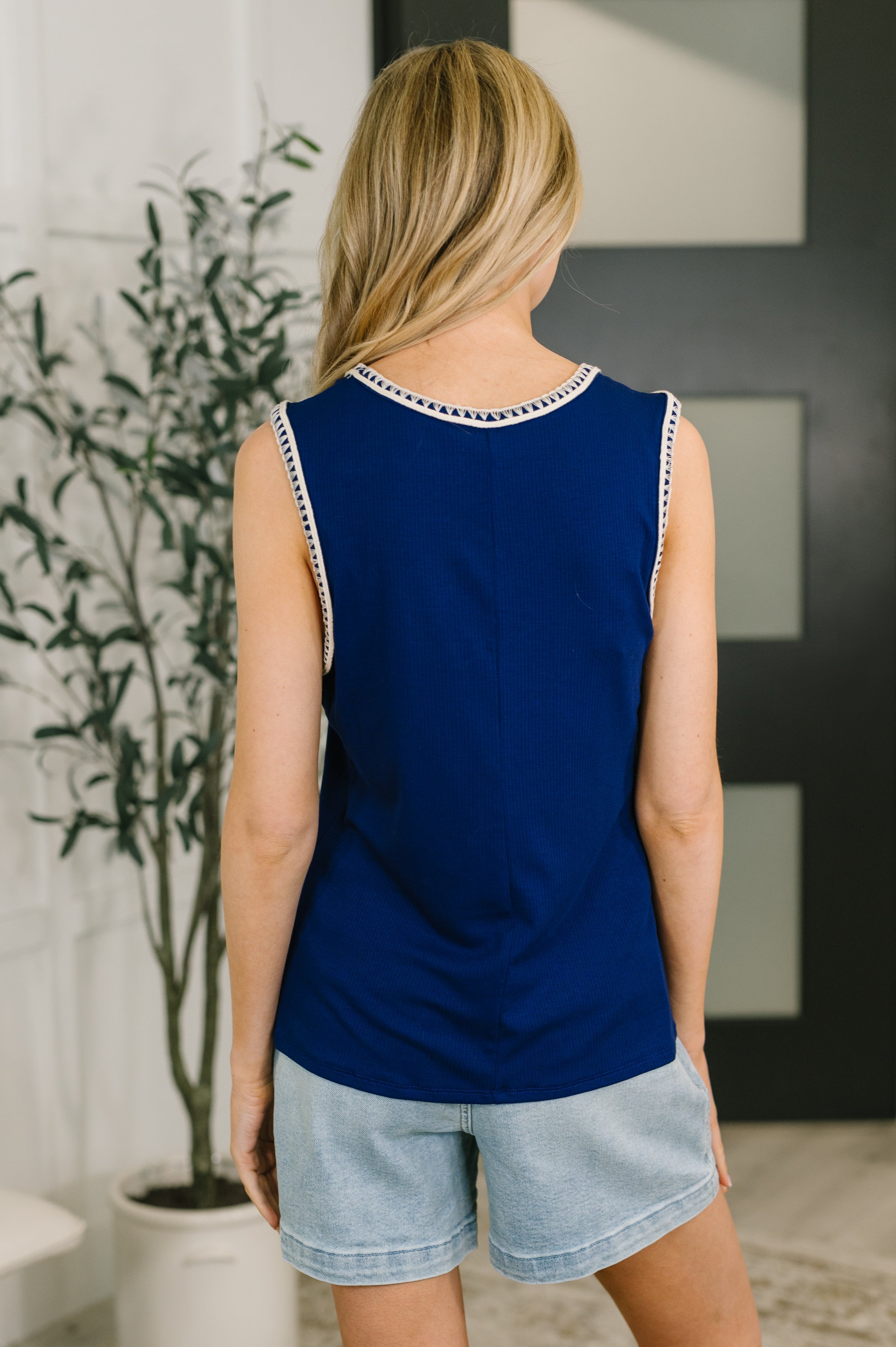 Whisper Trim Detailed V-Neck Tank in Navy-Womens-Stay Foxy Boutique, Florissant, Missouri