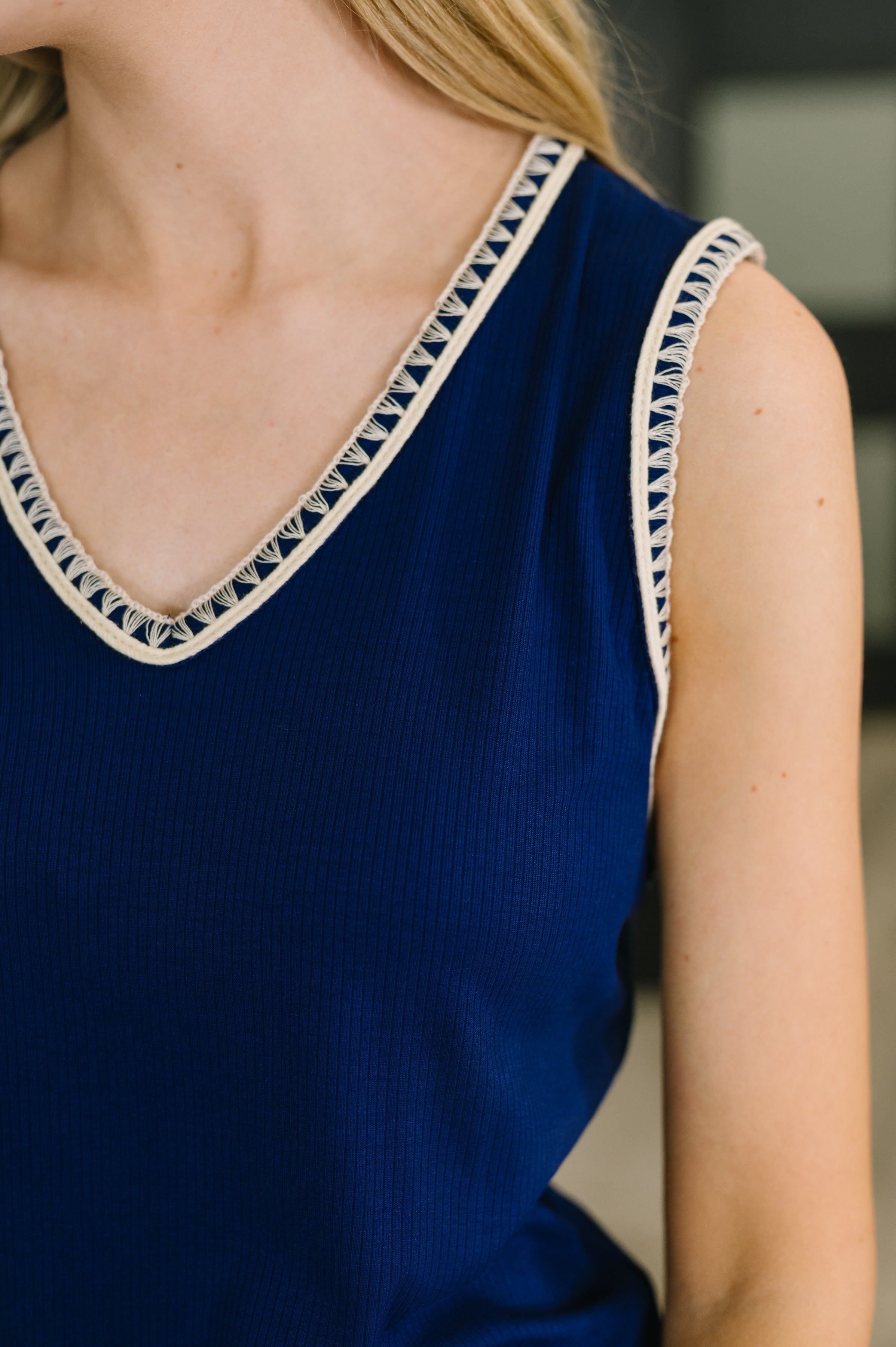 Whisper Trim Detailed V-Neck Tank in Navy-Womens-Stay Foxy Boutique, Florissant, Missouri